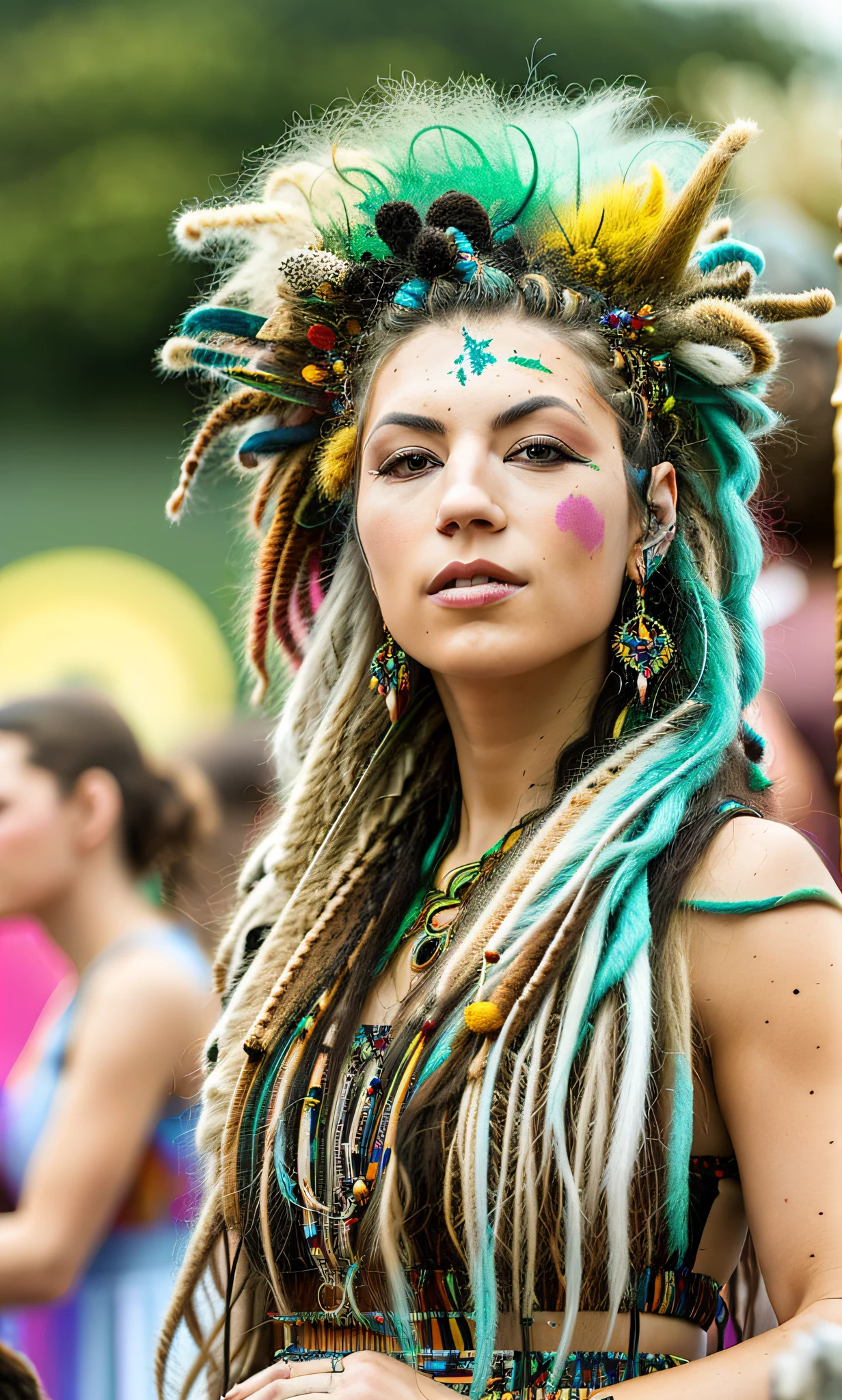 Amidst the enchanting world of the Burning Man festival, a beautiful European model with mesmerizing dreadlocked hair gracefully explores the vibrant grounds. She is a living artwork herself, adorned in bohemian-inspired attire that reflects her free-spirited nature. The festival pulsates with music, art, and a sense of collective freedom. The prompt aims to capture the model's magnetic presence in this unique environment. Painting style, using mixed media on canvas, combining acrylic paints with vibrant pigments and textured elements, conveying the model's allure and the festival's kaleidoscopic atmosphere. --ar 16:9 --v 5