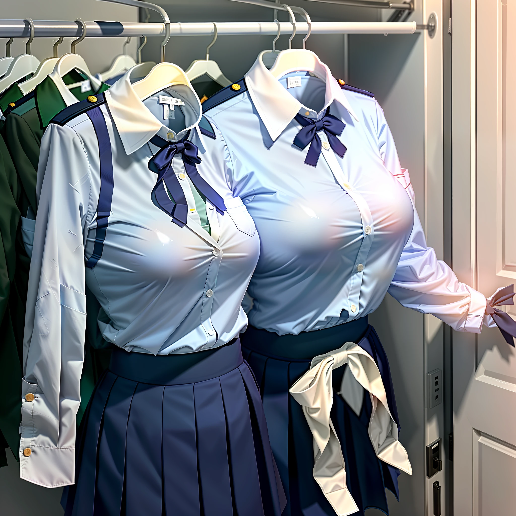 hanger school uniforms in closet raise their sleeves as if invisible girl wear it, school uniforms swells as if possessed by invisible girls, school uniforms have huge breasts and cleavage, (((no humans))), (headless), faceless, invisible girls, (hanger), jk ribbon on the neck, (from side),