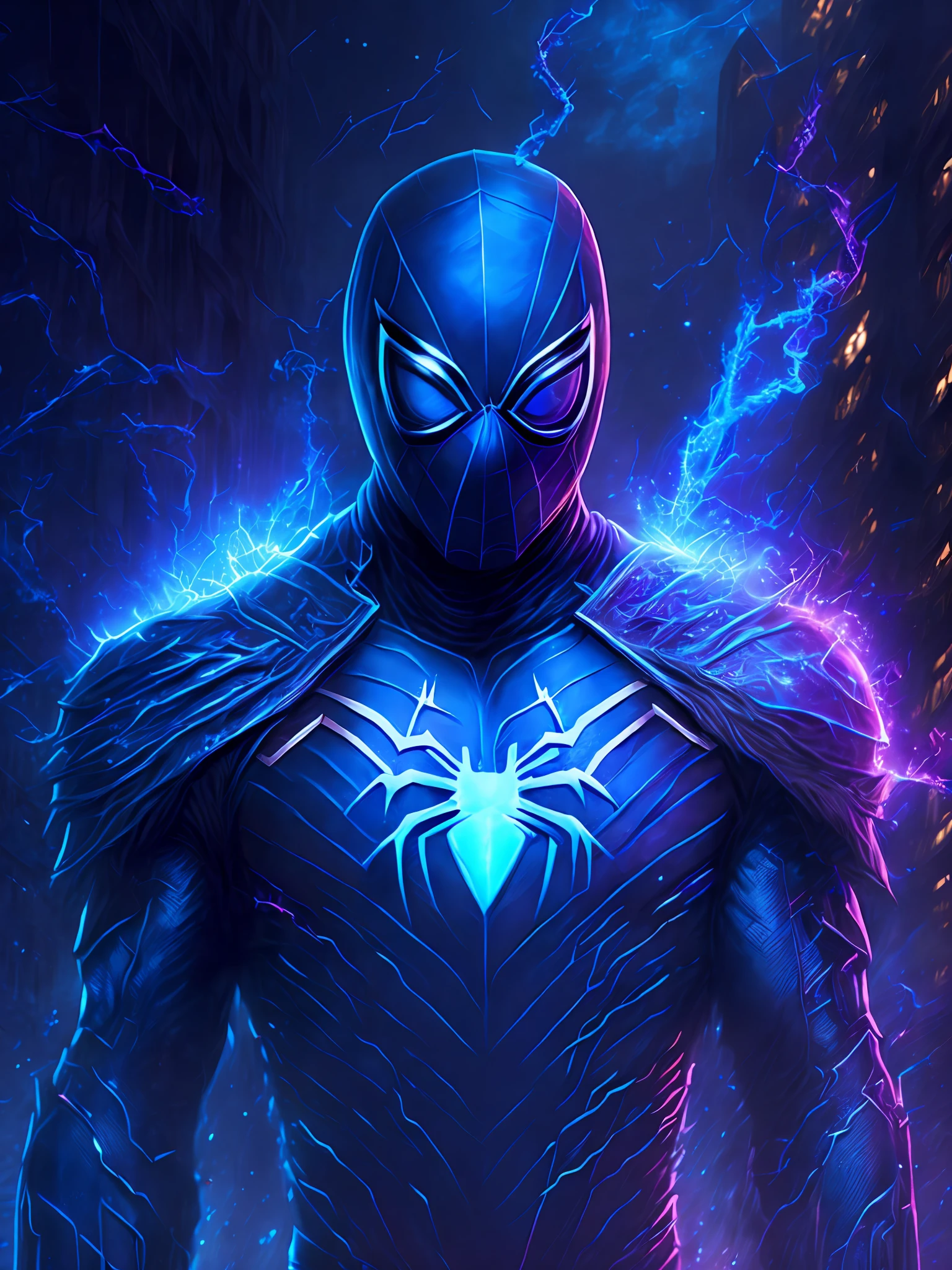 gloomy portrait of Black Spider-Man Horseman of the Apocalypse from Marvel, extremely detailed, futuristic cityscape, nighttime, glowing neon lights, smoke, sparks, metal shavings, flying debris, blue energy effects, volumetric light