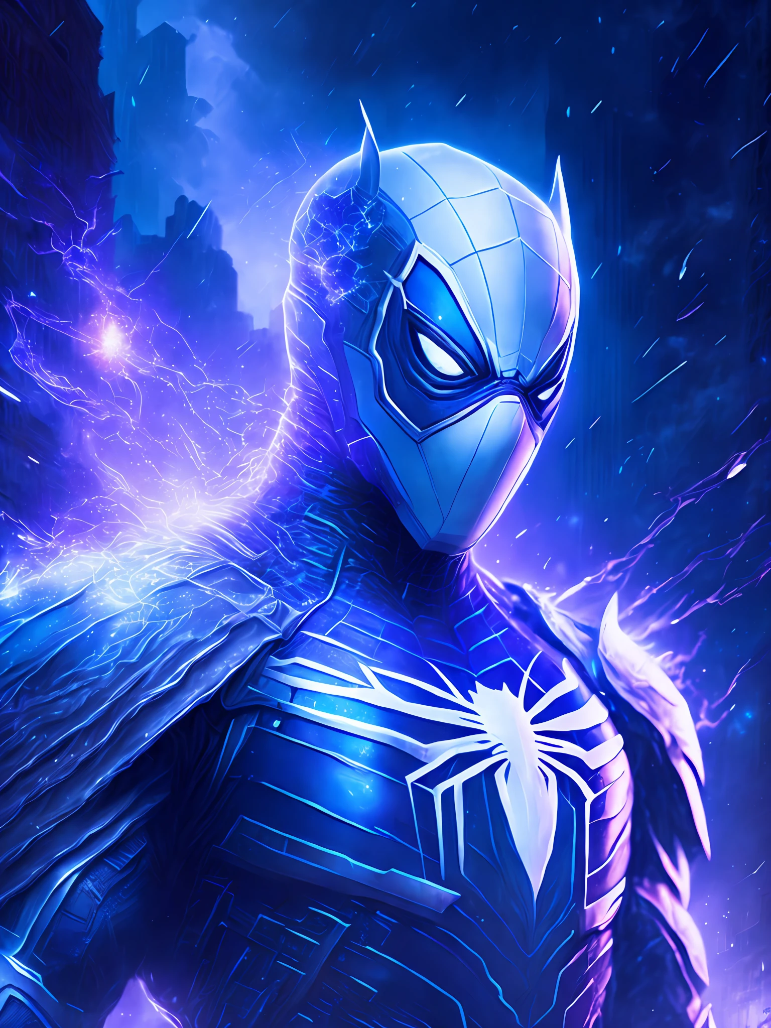 gloomy portrait of White Spider-Man Horseman of the Apocalypse from Marvel, extremely detailed, futuristic cityscape, nighttime, glowing neon lights, smoke, sparks, metal shavings, flying debris, blue energy effects, volumetric light