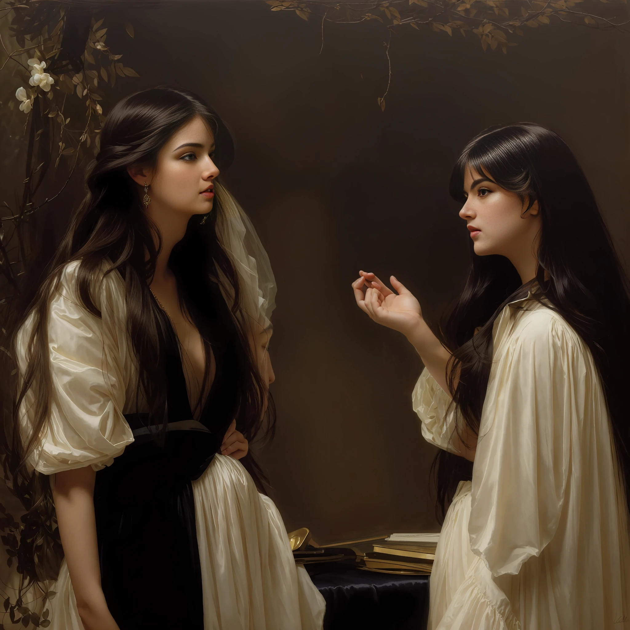 dusk, moody, gloomy, intimate close up portrait of a beautiful vampire princess, perfect shiny ivory skin, flushed, smoldering eyes, (perfect face), cleavage, shiny long black hair, frills, (Albert Lynch), J. C. Leyendecker, Ruan Jia, Gaston Bussiere, Alexandre Cabanel, WLOP, best quality