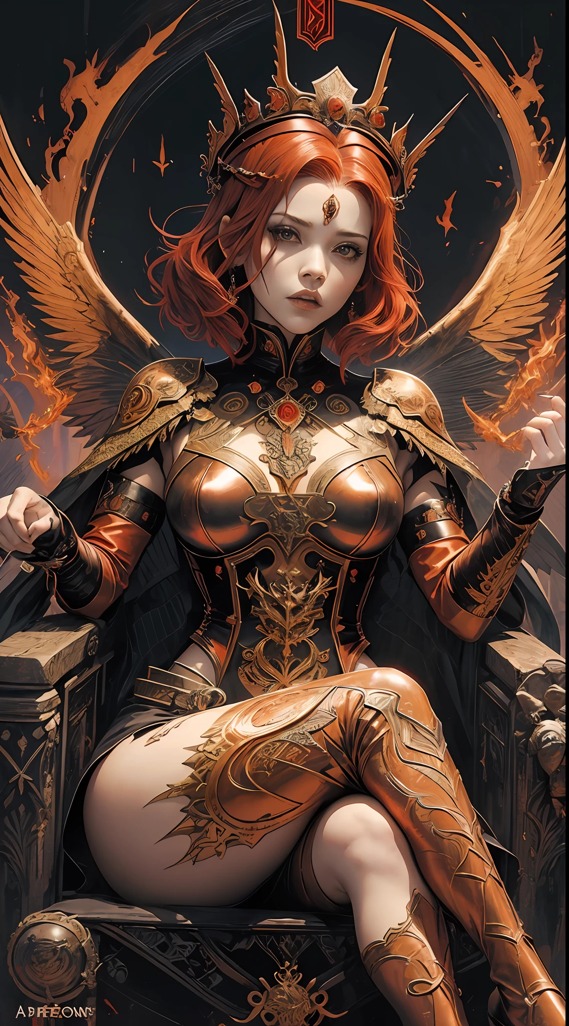empress of fire,short red hair,large body,black latex clothing,sitting on a throne of bones,metal crown,expression of anger on face,wings of fire,fire scenery,hand drawing,illustration,art nouveau,tarot cards