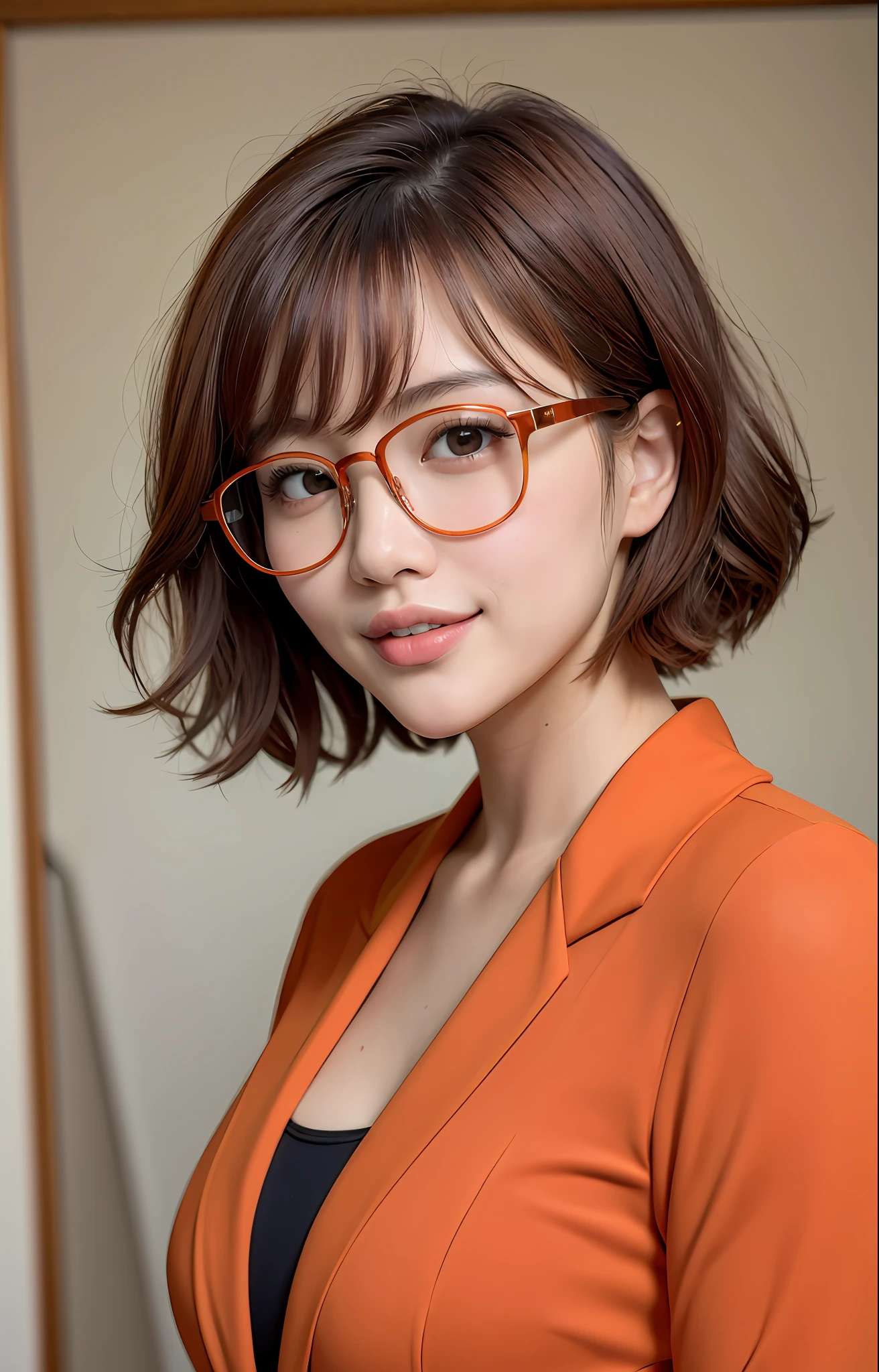 (Best quality, 8k, 32k, Masterpiece, UHD:1.2),Photo of Pretty Japanese woman, red round glasses,very short hair, frizzy brown hair,smile,UHD image,upper body,(orange suit:1.1),white T-shirt,looking at around