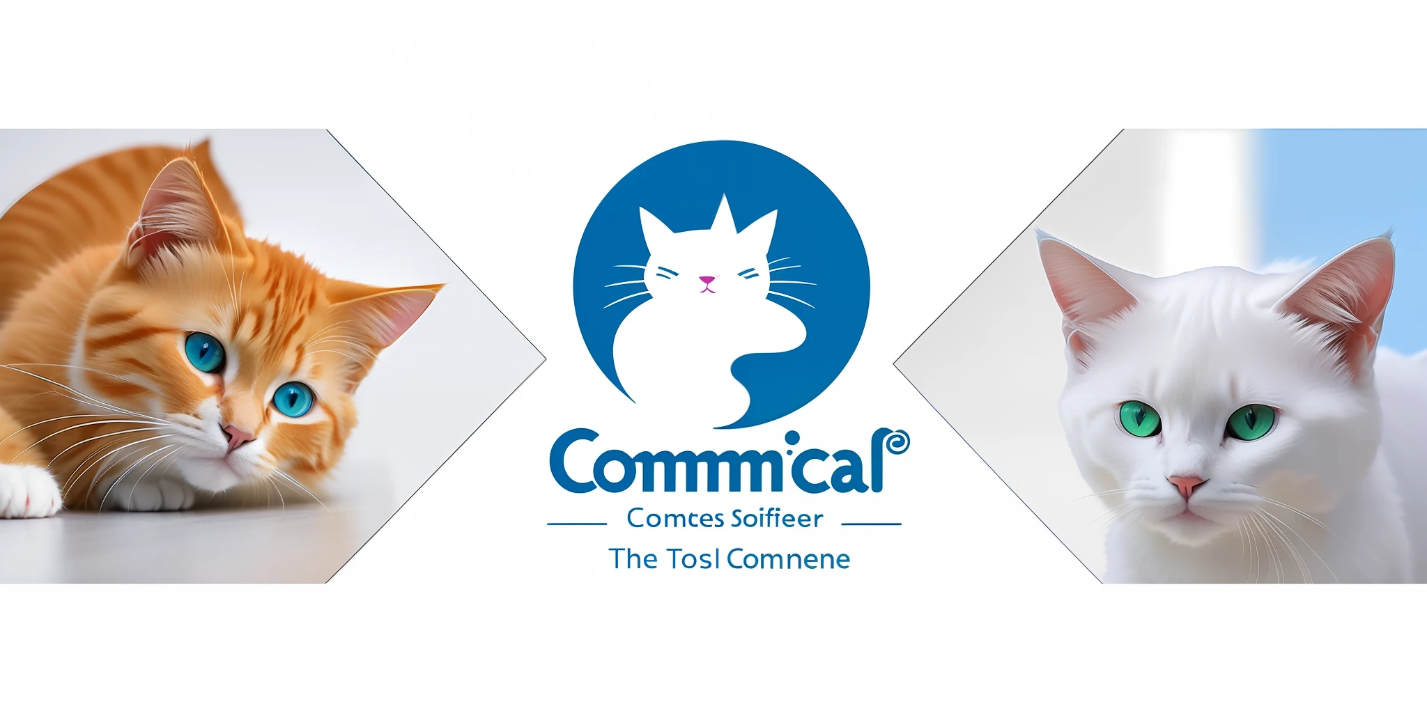 two cats, a yellow cat with yellow eyes and a white cat with blue eyes, comunicat logo, image coming, cat theme banner, banner for blog top