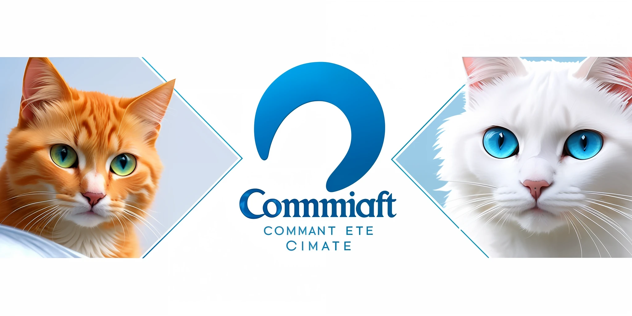 two cats, a yellow cat with yellow eyes and a white cat with blue eyes, comunicat logo, image coming, cat theme banner, banner for blog top