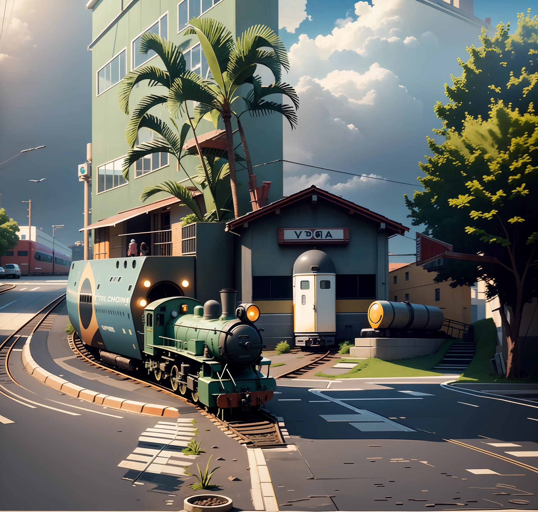 There is a small train that is on the tracks near a building, train, , realistic photo of a city, taken with Sony Alpha 9, taken with Sony A7R camera, Cyberpunk with robots, drones around, people and cyborgs passing by. It's night and there's a flying car around the corner. The architecture of the train station and the train are futuristic. --auto --s2