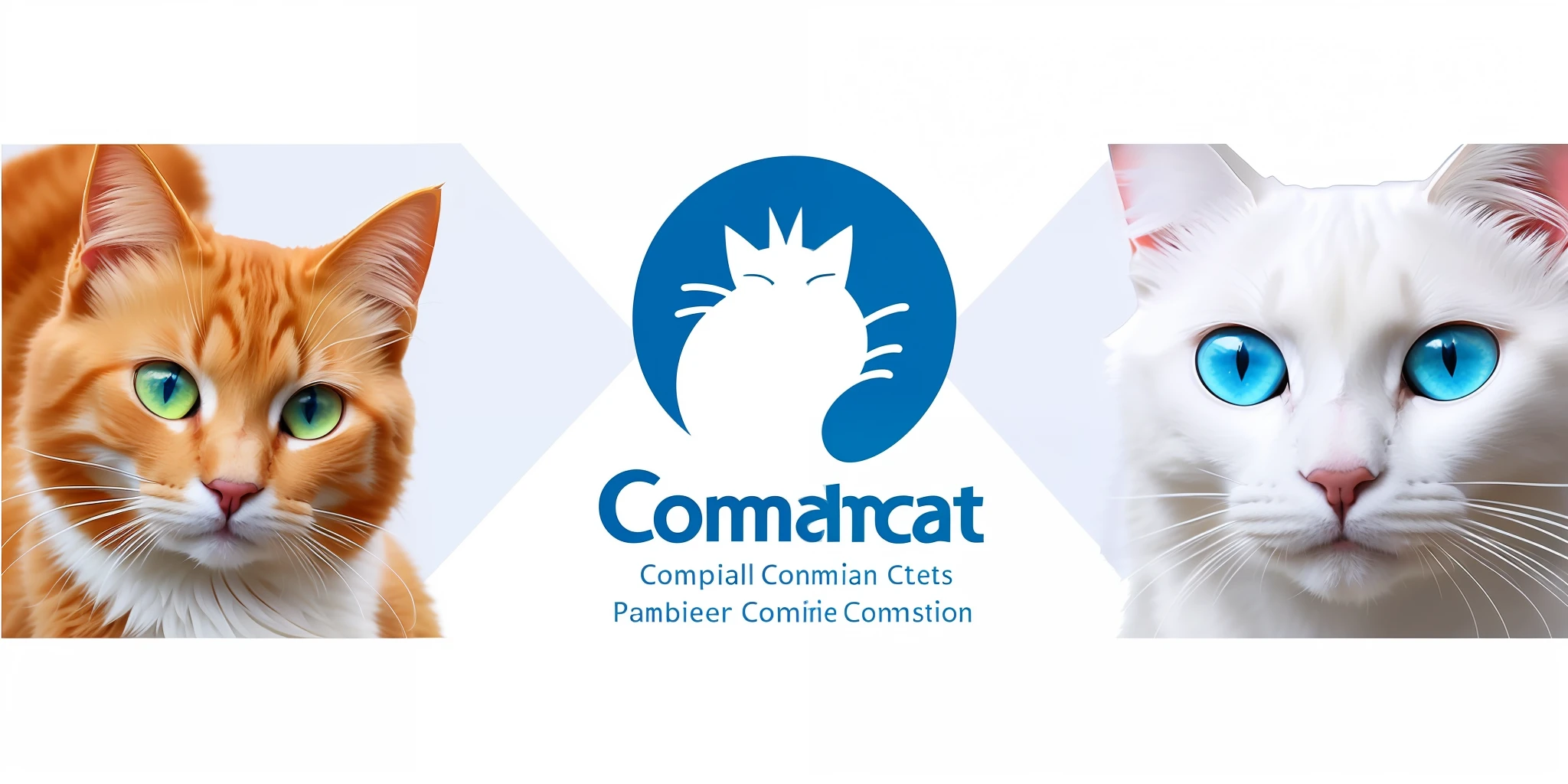 two cats, a yellow cat with yellow eyes and a white cat with blue eyes, comunicat logo, image coming, cat theme banner, banner for blog top