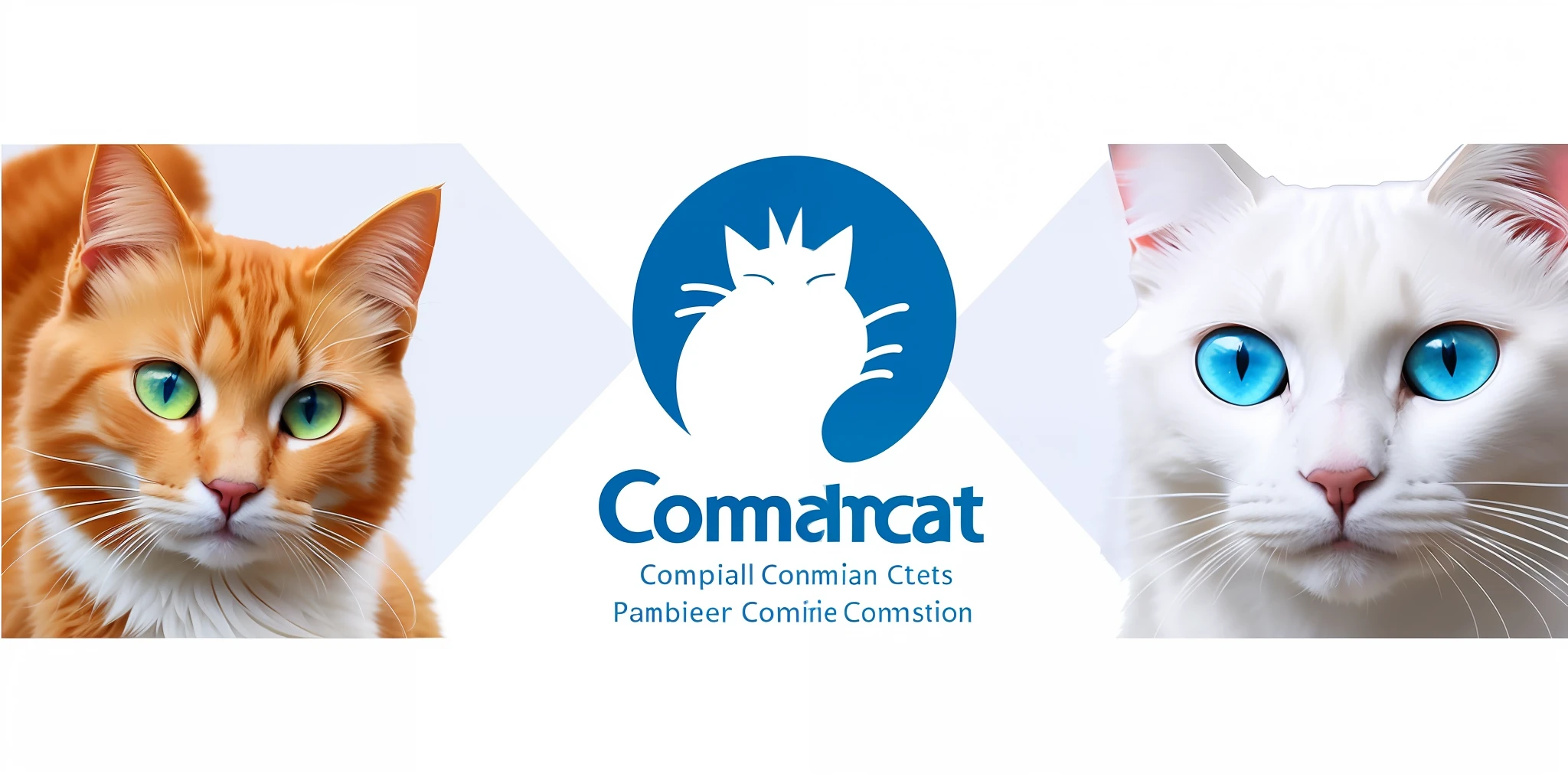 two cats, a yellow cat with yellow eyes and a white cat with blue eyes, comunicat logo, image coming, cat theme banner, banner for blog top