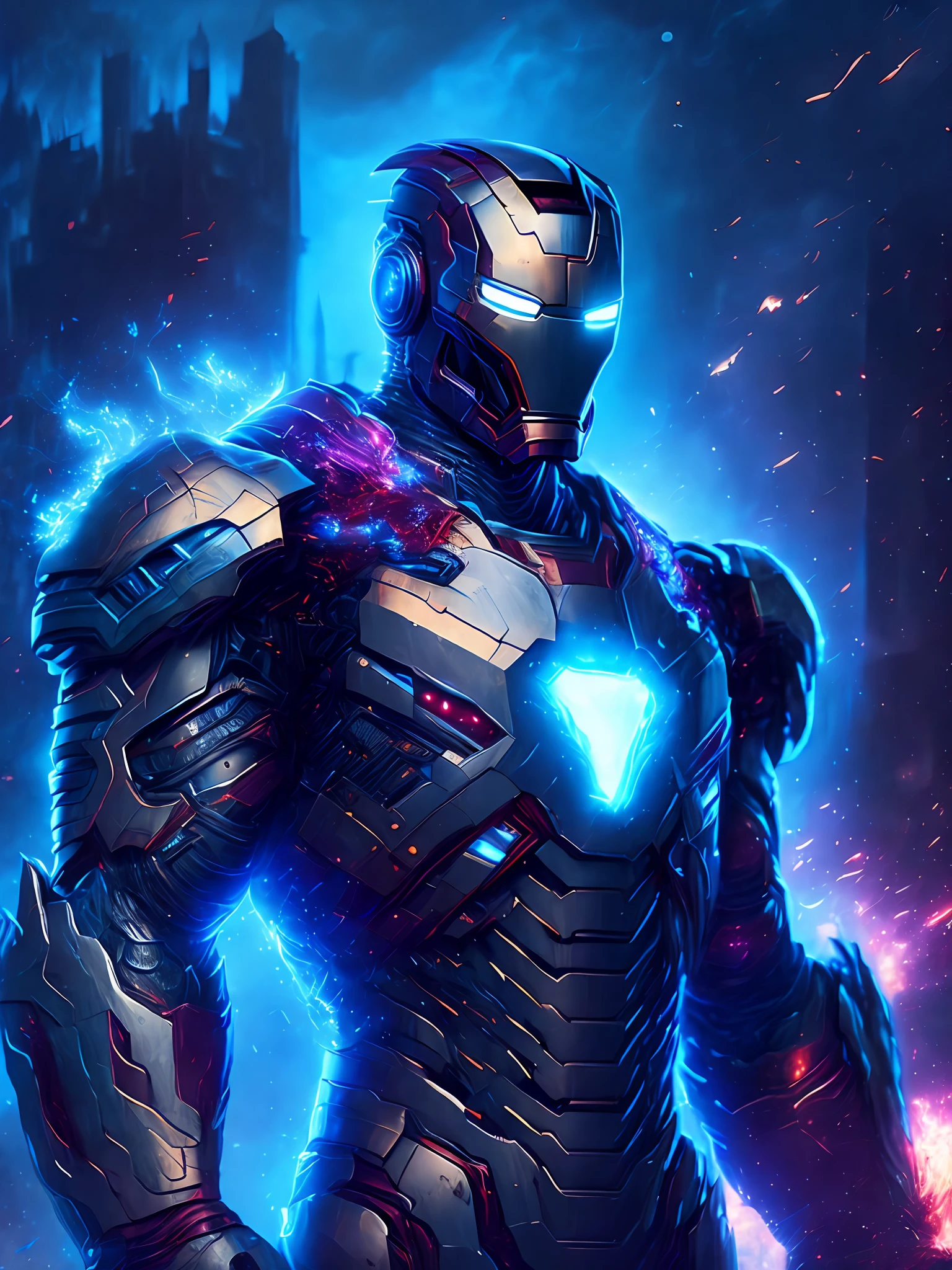 gloomy portrait of Iron Man Horseman of the Apocalypse from Marvel, extremely detailed, futuristic cityscape, nighttime, glowing neon lights, smoke, sparks, metal shavings, flying debris, blue energy effects, volumetric light