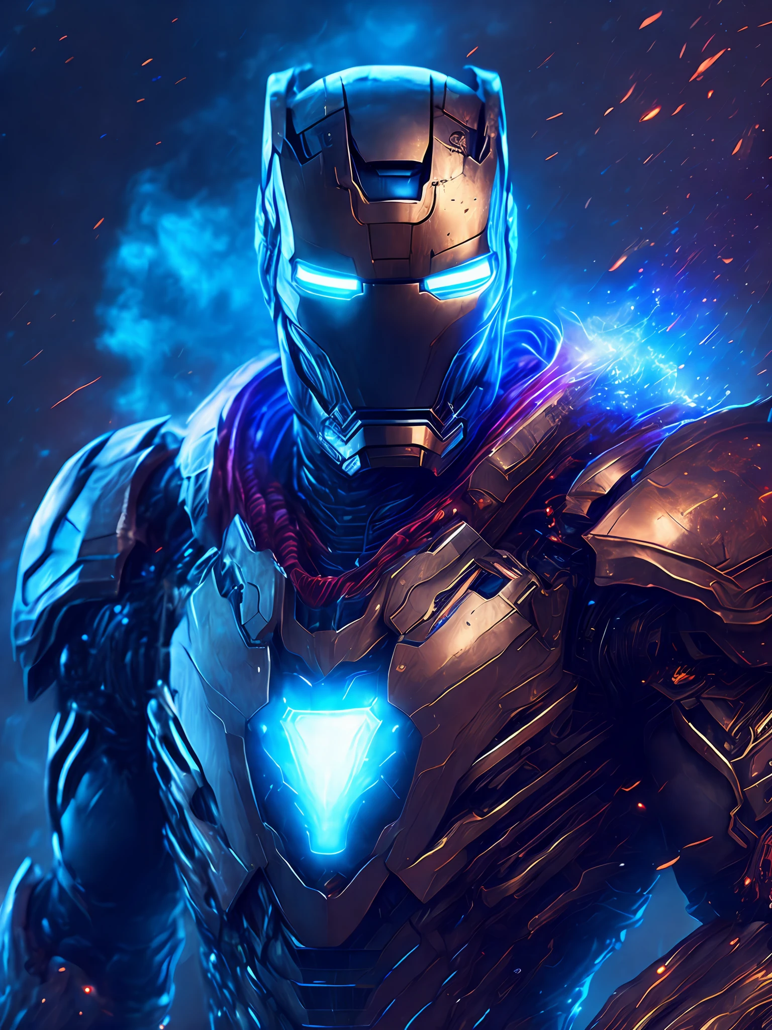 gloomy portrait of Iron Man Horseman of the Apocalypse from Marvel, extremely detailed, futuristic cityscape, nighttime, glowing neon lights, smoke, sparks, metal shavings, flying debris, blue energy effects, volumetric light