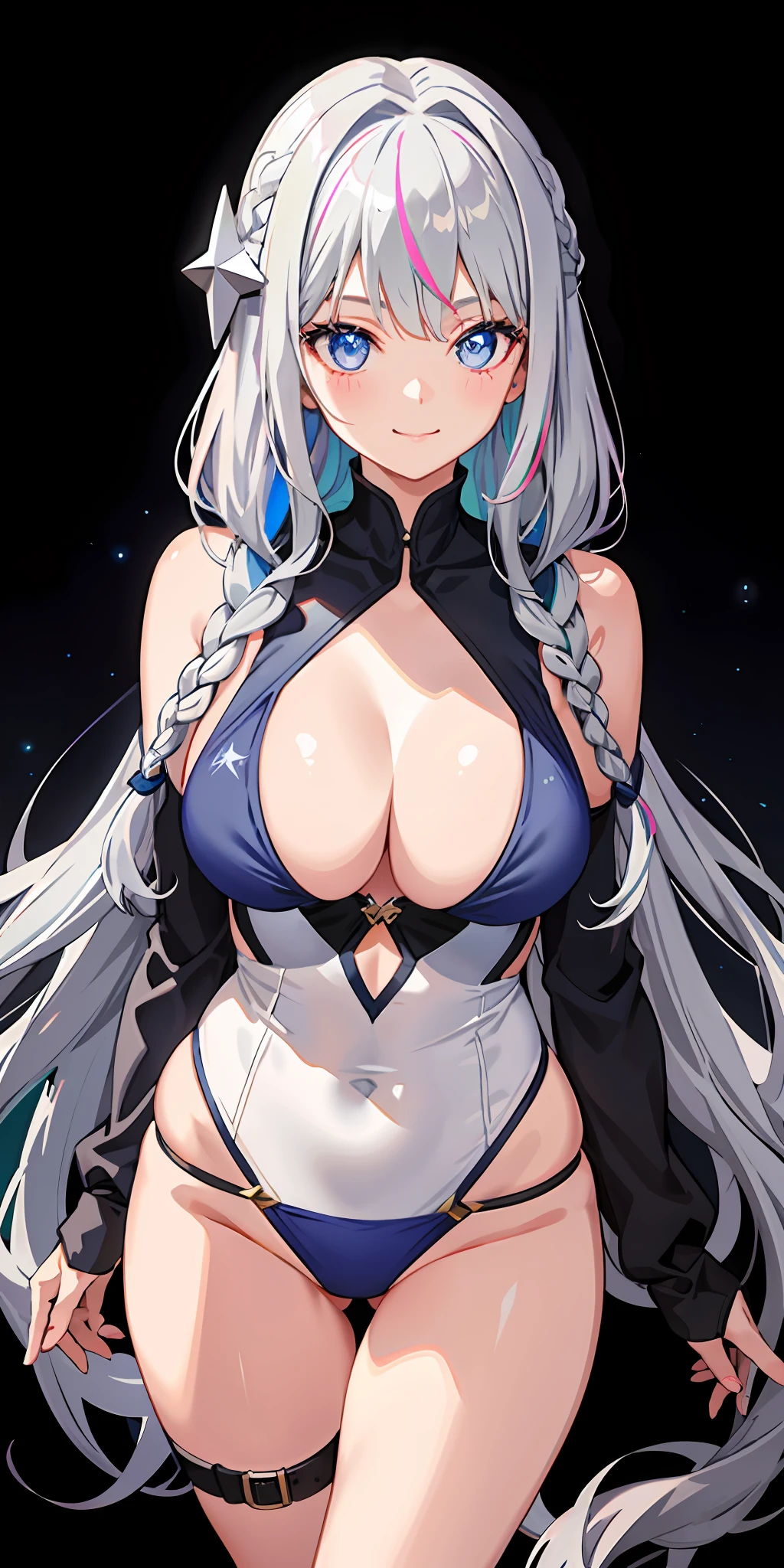 1girl, bright, gray hair, long hair, braid, blue eyes, star motif, multicolored hair, pink eyes, saleme, head mask, side lights, light particles, wallpaper, big, plump, idol, swimsuit, loose, fluffy, quiet, smile, gentle, clear, sexy