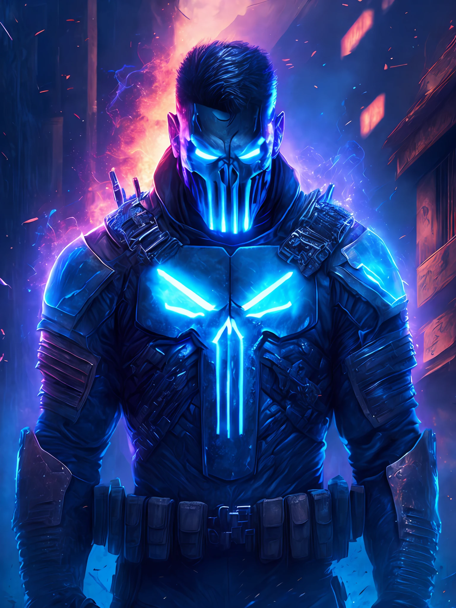 gloomy portrait of Punisher Horseman of the Apocalypse from Marvel, extremely detailed, futuristic cityscape, nighttime, glowing neon lights, smoke, sparks, metal shavings, flying debris, blue energy effects, volumetric light