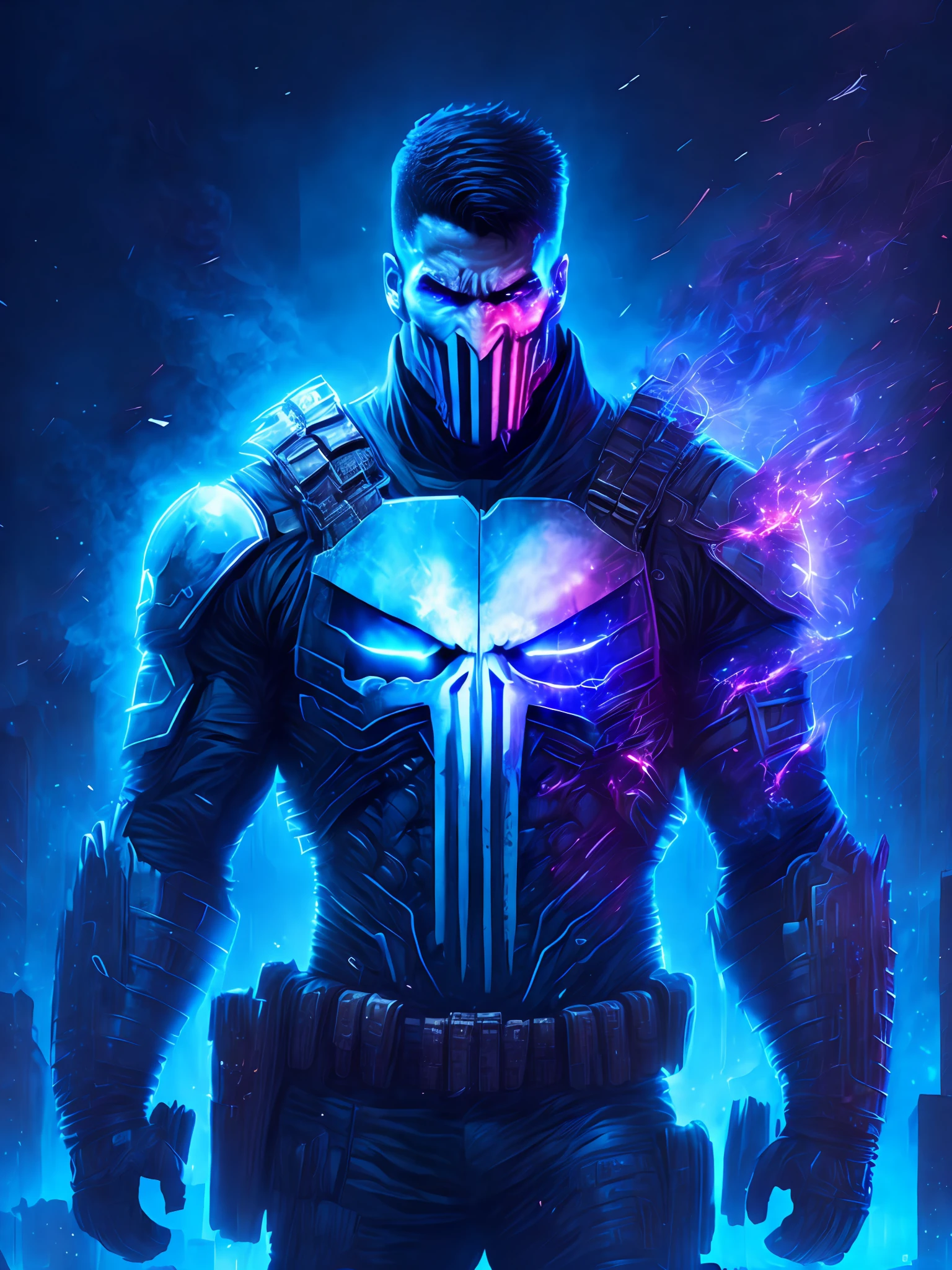 gloomy portrait of Punisher Horseman of the Apocalypse from Marvel, extremely detailed, futuristic cityscape, nighttime, glowing neon lights, smoke, sparks, metal shavings, flying debris, blue energy effects, volumetric light