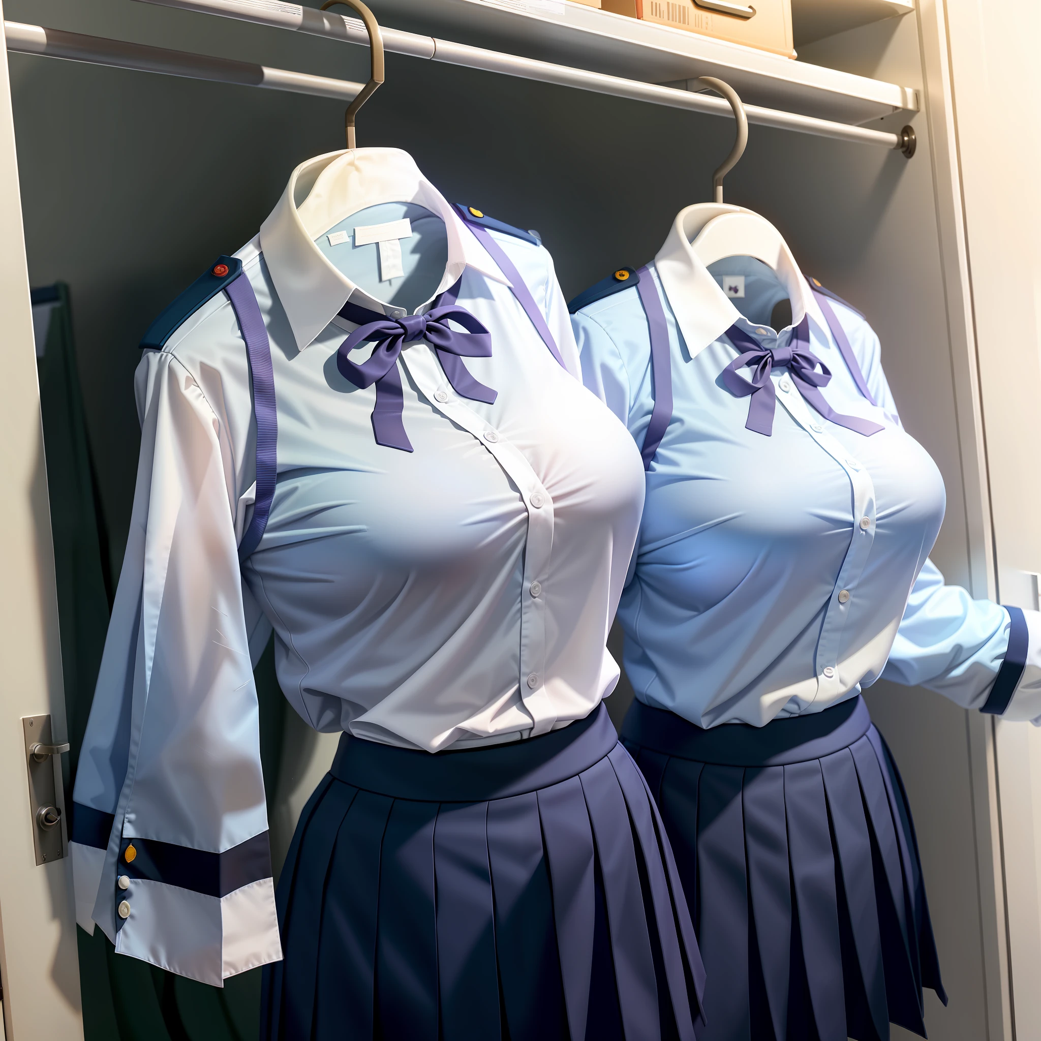 hanger school uniforms in closet raise their sleeves as if invisible girl wear it, school uniforms swells as if possessed by invisible girls, school uniforms have huge breasts and cleavage, (((no humans))), (headless), faceless, invisible girls, (hanger), jk ribbon on the neck, (from behind)