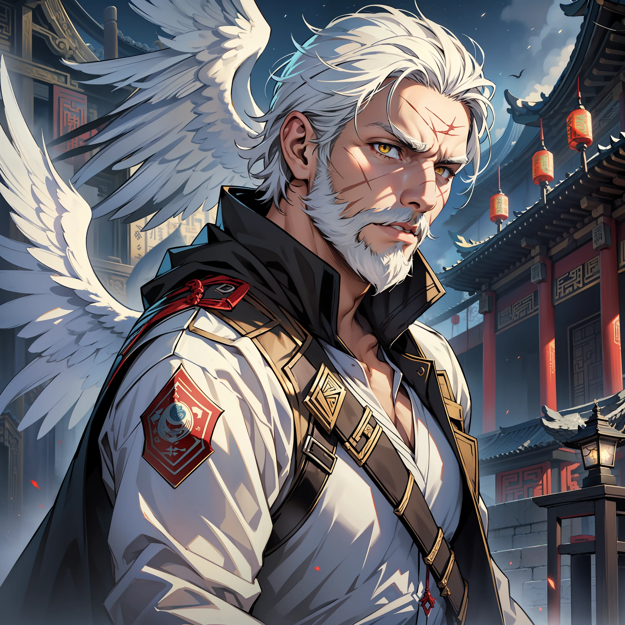 ((realistic: 1.5)),((best quality)), ((masterpiece)),((detailed)), male, young, short white hair, white beard, scars across face, yellow eyes, angel wings black, focus on the face, serious look,
assassins creed costume, landscape at night, chinese temple