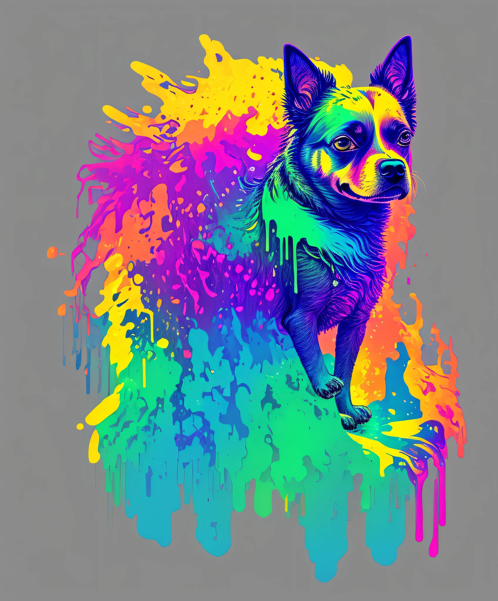 (a portrait of Cyberpunk dog with colorful fluid l:1) , t-shirt logo in the style of tapered fine outline, orthographic-view, art on (empty background:1.4)Hands,