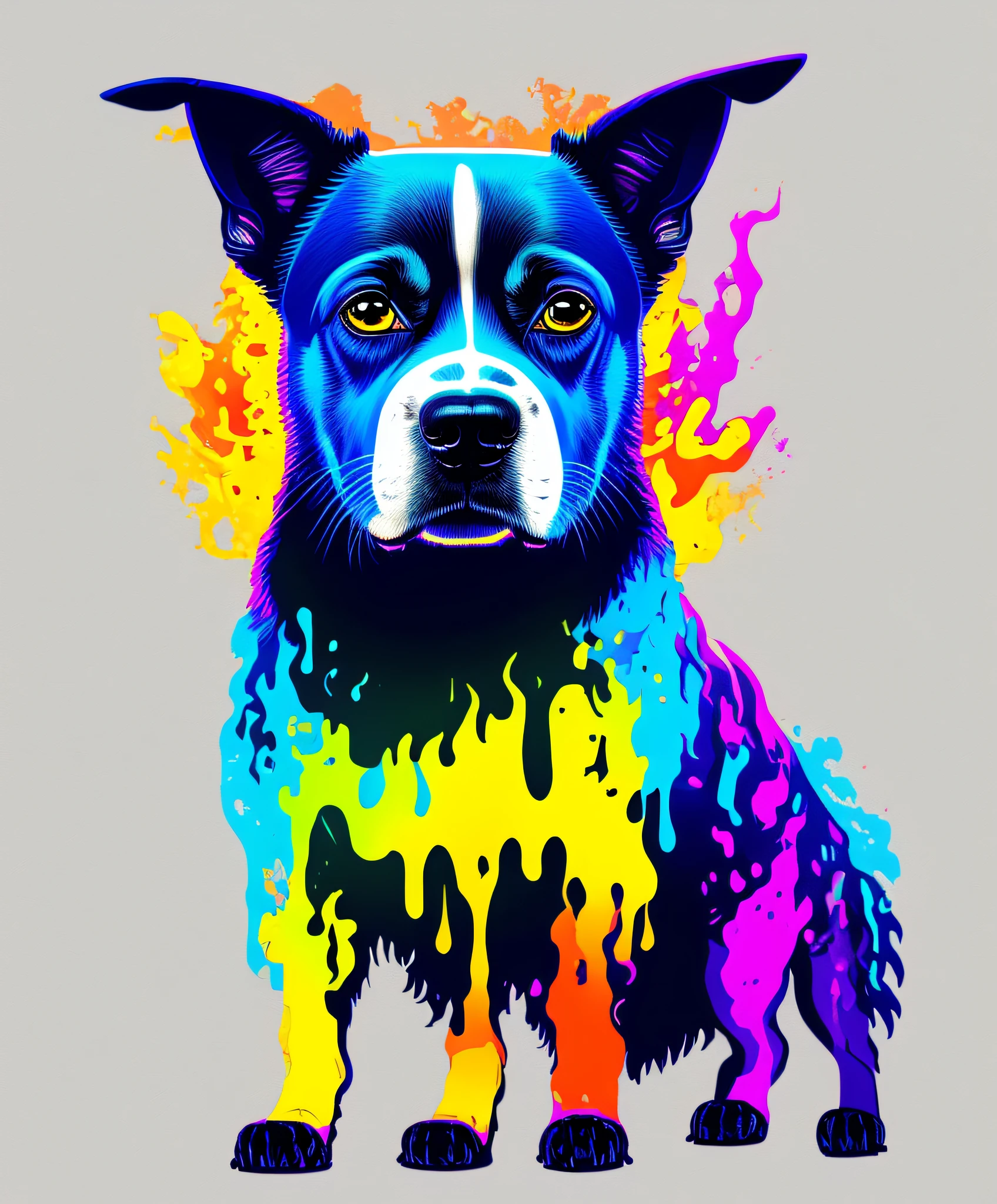 (a portrait of Cyberpunk dog with colorful fluid l:1) , t-shirt logo in the style of tapered fine outline, orthographic-view, art on (empty background:1.4)Hands,