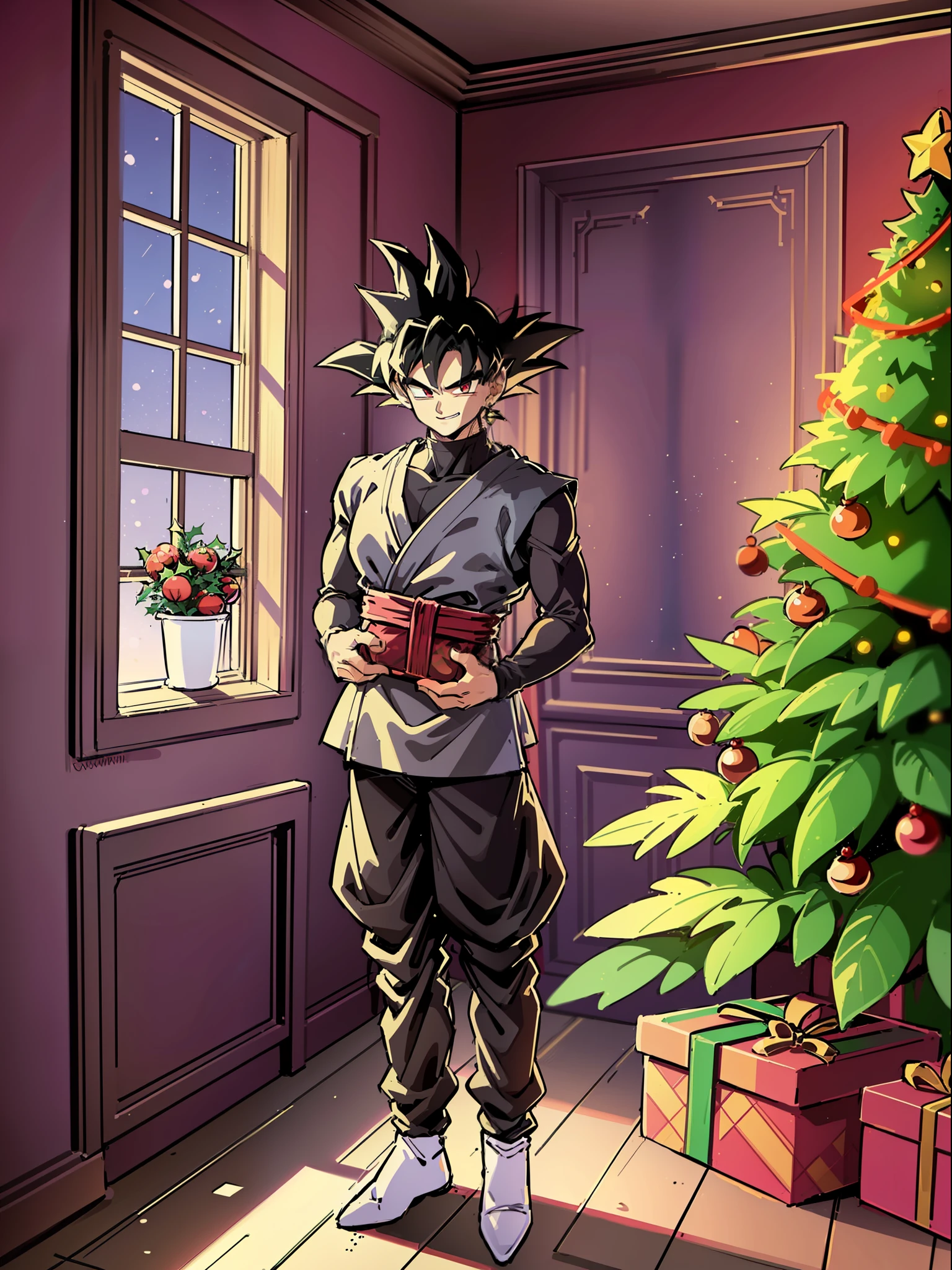 ((Full body):1.5), (({goku blacki})), Only {goku black} (((with Christmas raje extremely, holding a gift bag):1.3)), Only {goku black} ((looking at the viewer, with a look of happiness and manic smile on his face):1.3), ((Inside a house with a chimney with a Christmas tree next to it)), anime, anime-style, 16k, high resolution,  ((best quality, high details):1.3), UHD, ((masterpiece))