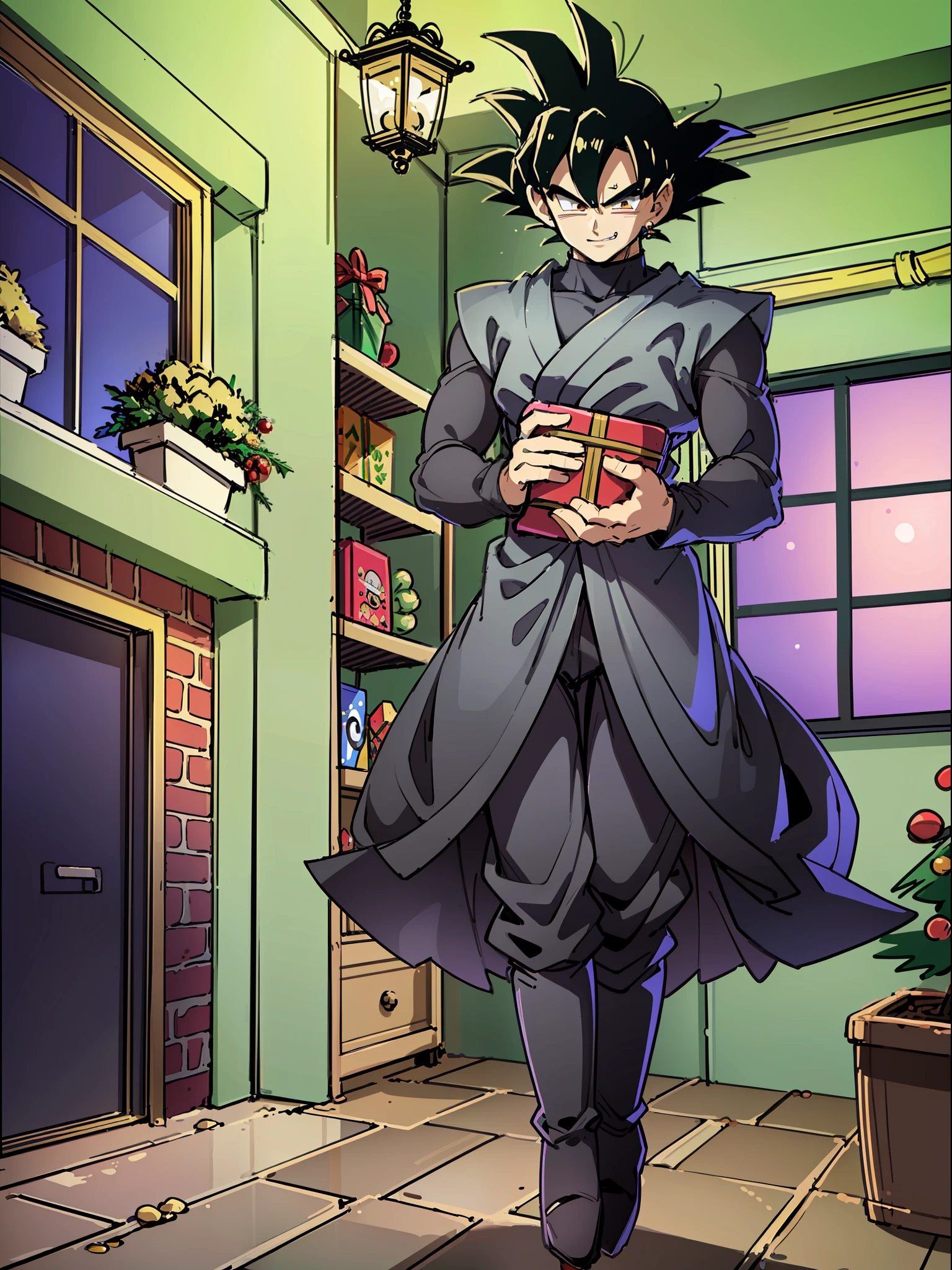 ((Full body):1.5), (({goku blacki})), Only {goku black} (((with Christmas raje extremely, holding a gift bag):1.3)), Only {goku black} ((looking at the viewer, with a look of happiness and manic smile on his face):1.3), ((Inside a house with a chimney with a Christmas tree next to it)), anime, anime-style, 16k, high resolution, ((best quality, high details):1.3), UHD, ((masterpiece))