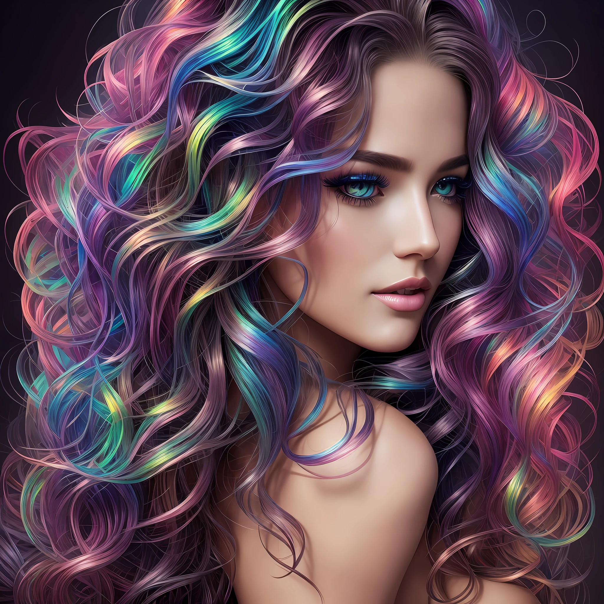 Noir painting of a beautiful woman with big, wild wavy rainbow hair; hyper-realistic long lashes, hyper-detailed fantasy art; elegant, intricate, detailed, symmetrical, ethereal, iridescent, 16k face, by Artgerm, WLOP" --auto --s2