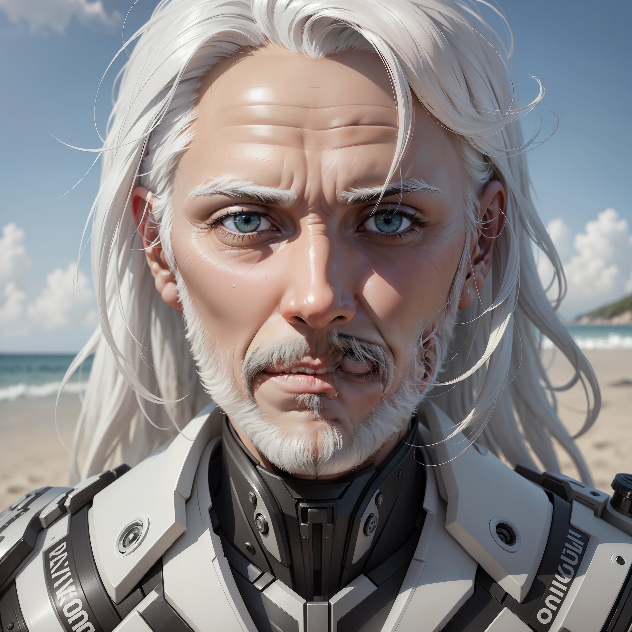 Create a realistic photo of a 48-year-old cyborg man, white hair, in white colors and black details, on a beach. (8k wallpaper of extremely detailed CG unit), photo of the most beautiful artwork in the world, majestic professional (photography with 8k uhd, dslr, soft lighting, high quality, film grain, sharp focus Fujifilm XT3, f 5.6, high detail, sharp focus, dramatic, (looking at the viewer: 1.2), (detailed students: 1.3), (natural light), Size