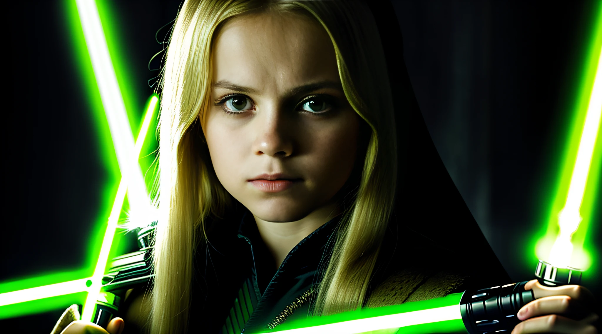 RUSSIAN CHILD GIRL WITH 10 YEARS OLD WITH LONG STRAIGHT HAIR BLONDE, PORTRAIT STYLE, CLOSEUP, IN A DARK ROOM WITH A GREEN LIGHTSABER, 4K lightsaber wallpaper, Sith Lord. dramatic lighting, holding 4k lightsaber, green lightsaber, jedi with lightsaber, hd star wars photo, with lightsaber sword, with lightsaber, without lightsaber, cal kestis lightsaber wallpaper, star wars character, lord sith