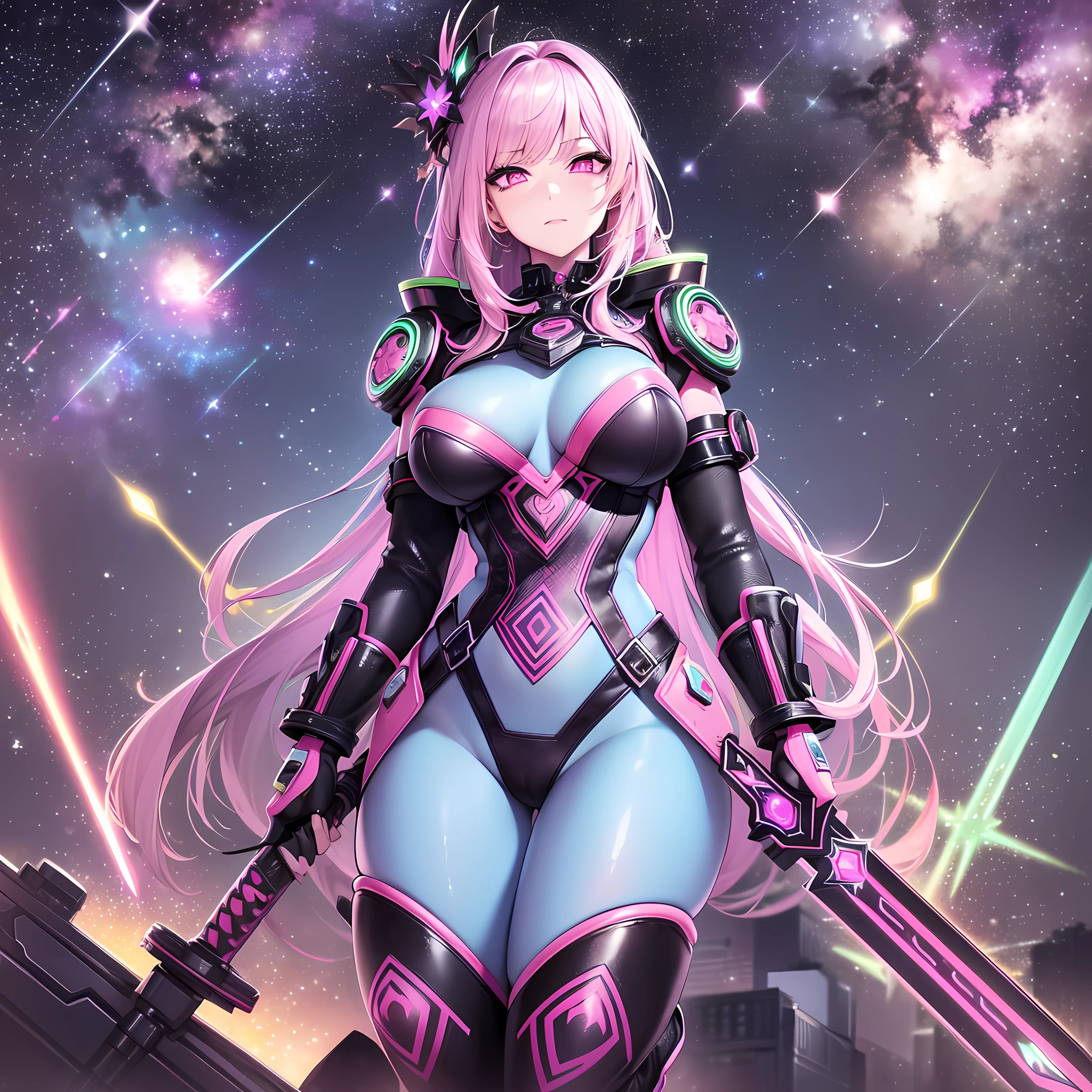 (ultra detailed background, detailed background), absurd, highres, ultra detailed, extremely detailed, 1girl, (nsfw: 1.5), (zentangle: 1.2), (geometric: 1.2), (colorful), (1girl), (sexy girl), alone, (((detailed face and eyes))),((pink eyes)),((long straight loose hair)),((light purple hair)),galactic girl, galaxy, planets, starry sky, space, stars, ((technology boots)),((fluorescent clothing, neon color)),((red sword)), 8k, high quality, full HD, busty, curvaceous