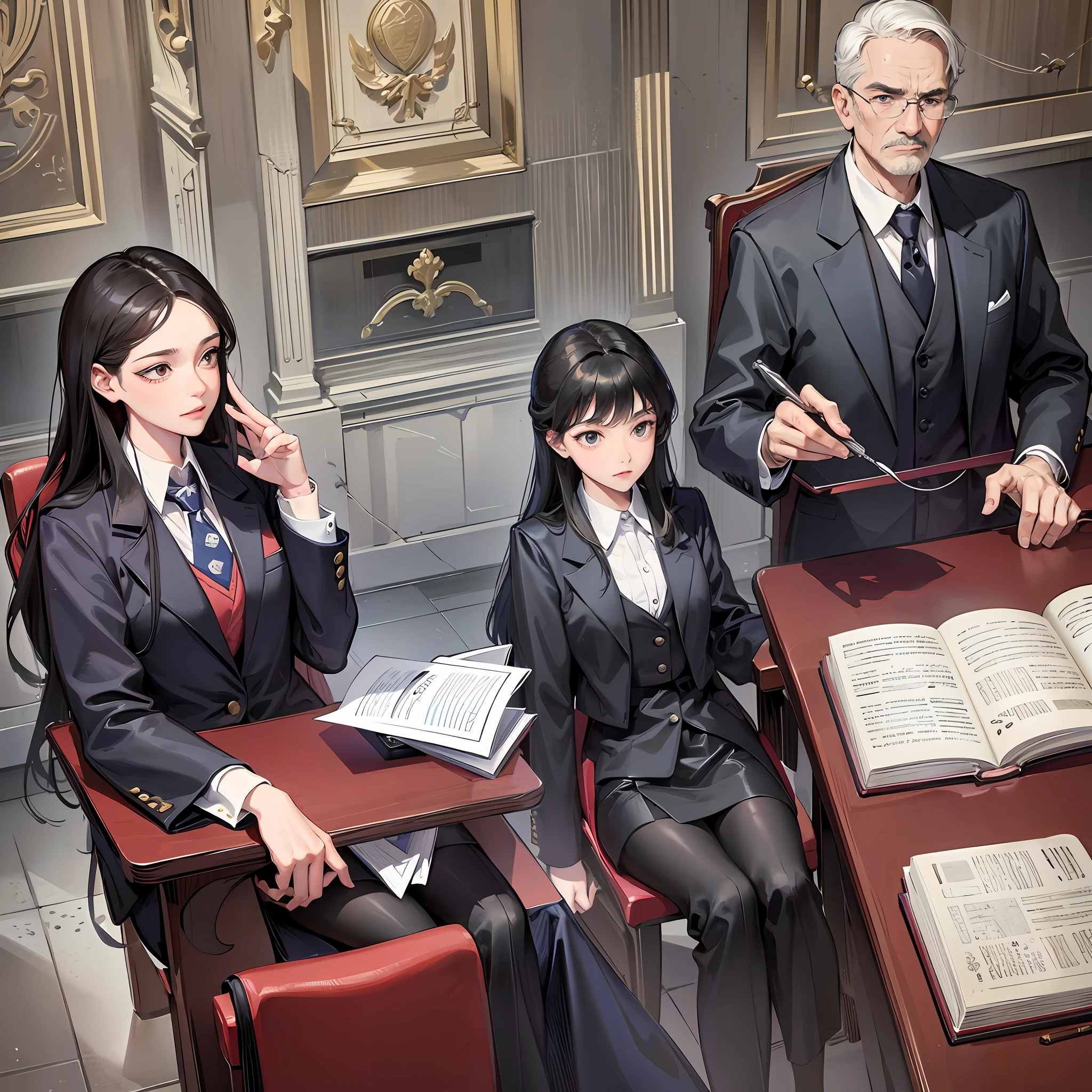 The scene takes place in an imposing courthouse, with a grand hall adorned with classical details and a solemn atmosphere. In the center, the judge sits on an elevated chair, dressed in a black robe and wielding a gavel. In front of the judge are the parties involved in the case, each represented by their respective attorneys, standing at their respective podiums.  On the right side, the defense stands, an experienced and confident lawyer with a firm posture and sharp arguments. They examine their documents, prepared to present their line of defense. On the left side stands the prosecutor, equally determined, with an air of authority and a folder filled with evidence.  The jurors, seated in rows of benches, listen attentively as the attorneys make their arguments. Their expressions reflect the seriousness of the moment, as they know that their decision will have a direct impact on the lives of the people involved in the case.  In the background, anxious and curious observers follow the unfolding of the trial. Some are journalists, ready to record every detail and convey the information to the public. Others are relatives and friends of those involved, waiting for the verdict that will bring justice and relief, or perhaps disappointment and sadness.  The atmosphere is tense, with emotions running high, as the parties present their arguments and evidence, striving to persuade the jurors and achieve victory in their respective cases.  This scene captures the essence of the legal environment, filled with tension, arguments, and the pursuit of truth. An image created based on this description can convey the seriousness and importance of legal proceedings, arousing the interest and curiosity, of viewers, realistic --auto --s2