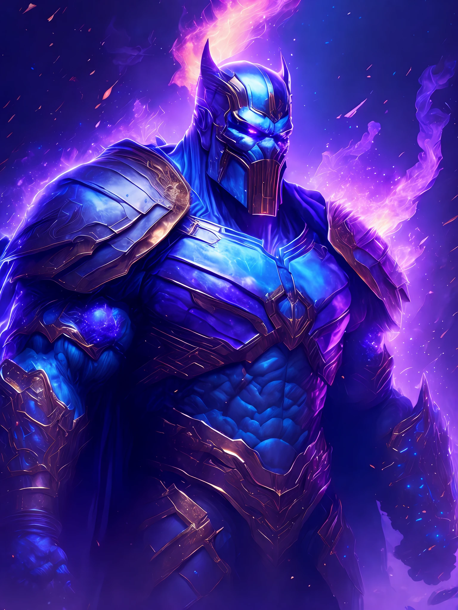 gloomy portrait of Thanos Horseman of the Apocalypse from Marvel, extremely detailed, futuristic cityscape, nighttime, glowing neon lights, smoke, sparks, metal shavings, flying debris, blue energy effects, volumetric light