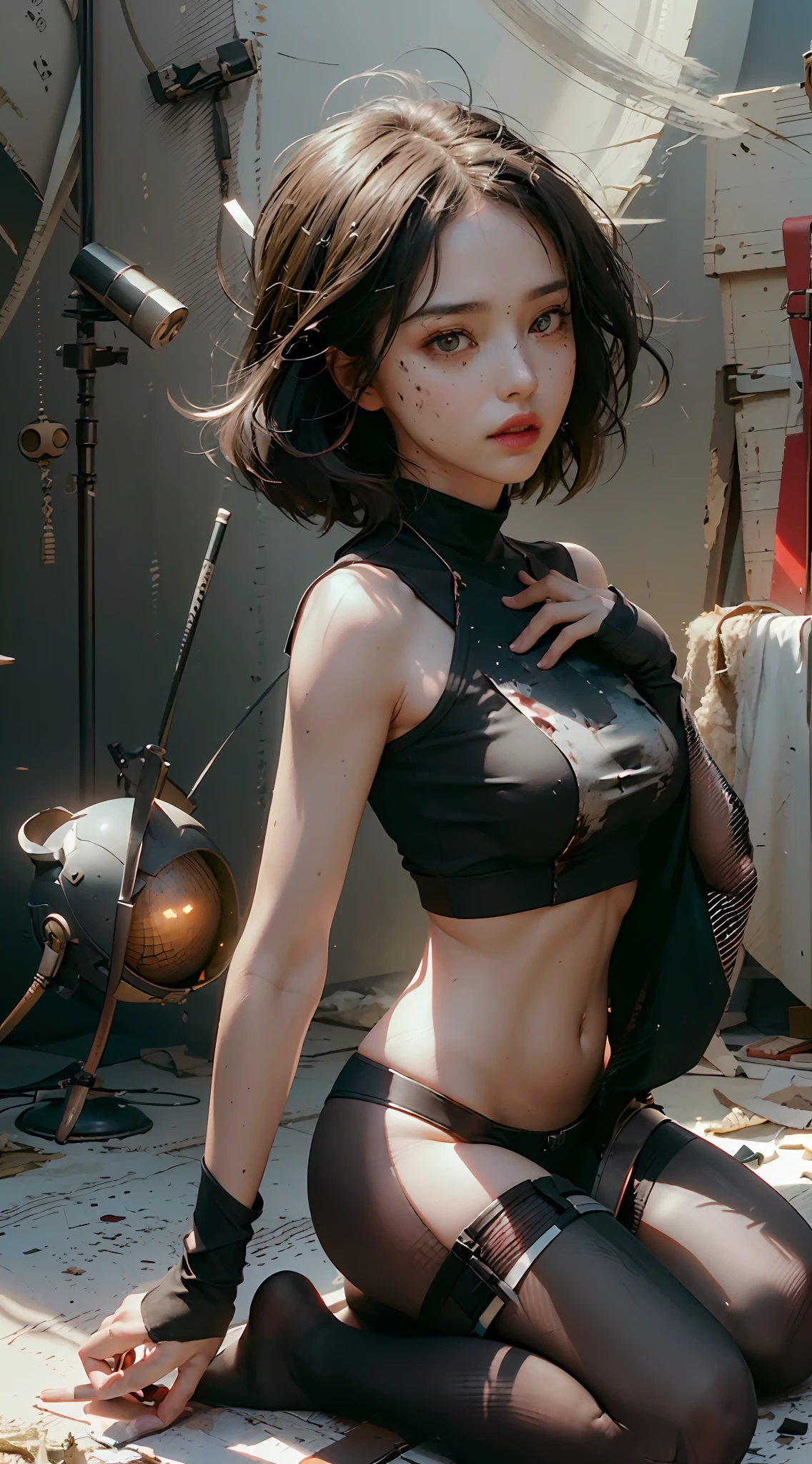 ((Best Quality)), ((Masterpiece)), (Details: 1.4 pieces), 3D, Beautiful Pure Beauty, (Black Crop Top: 1.9), (Head Difference: 1.6), (Kneeling, Guillotine: 1.6) (Splattered Blood) HDR (High Dynamic Range), Ray Tracing, NVIDIA RTX, Super Resolution, Unreal 5 Pieces, Subsurface Scattering, PBR Textures, Post Processing, Anisotropic Filtering, Depth of Field, Maximum Sharpness and Sharpness, Multi-layer Textures, Albedo and Highlight Maps, Surface shading, Mitsu-Accurate simulation of material interactions, perfect proportional ratio, octane rendering, two-color light, large aperture, low ISO, white balance, rule of thirds, 8K RAW,