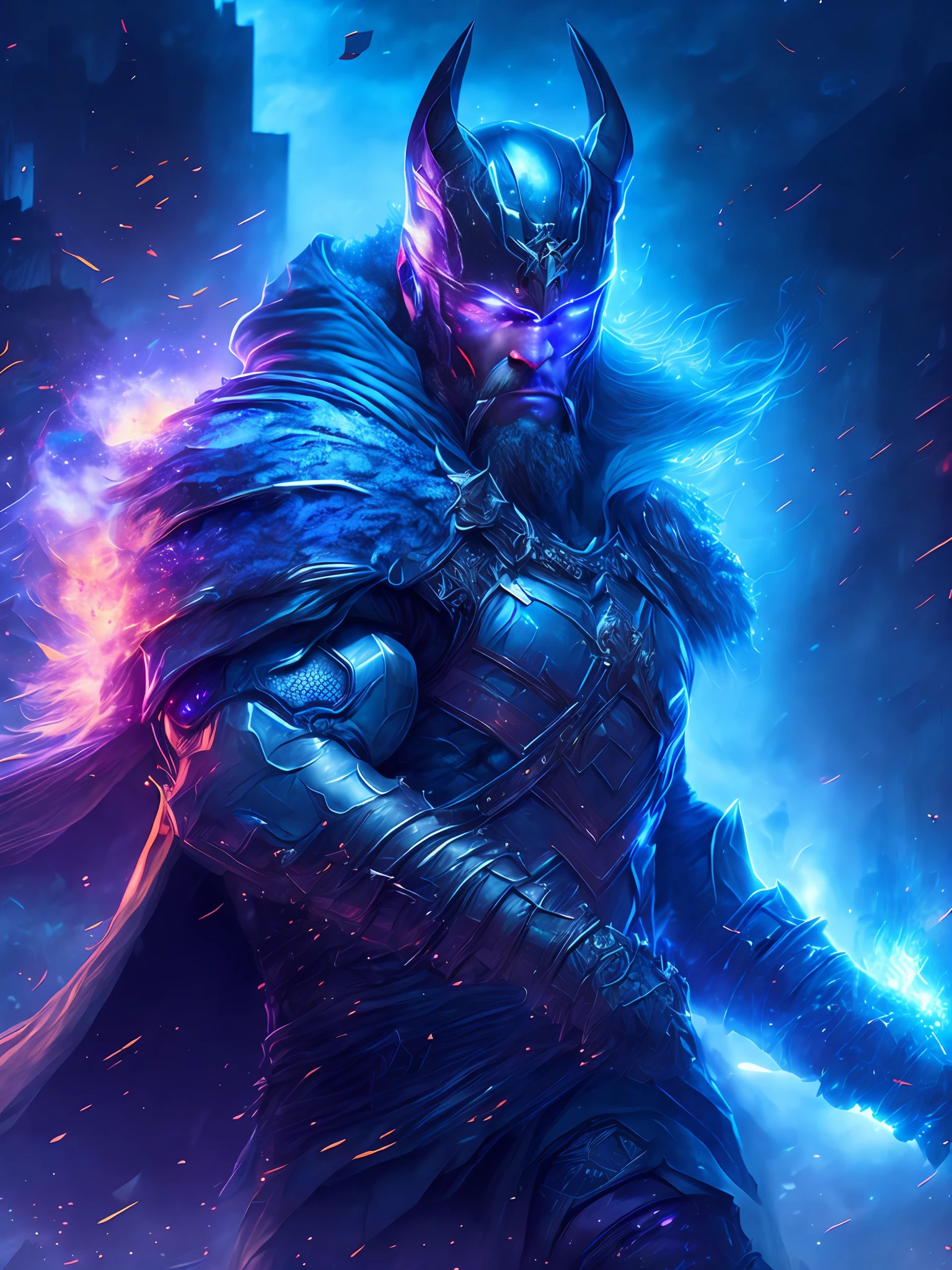 gloomy portrait of Thor Horseman of the Apocalypse from Marvel, extremely detailed, futuristic cityscape, nighttime, glowing neon lights, smoke, sparks, metal shavings, flying debris, blue energy effects, volumetric light