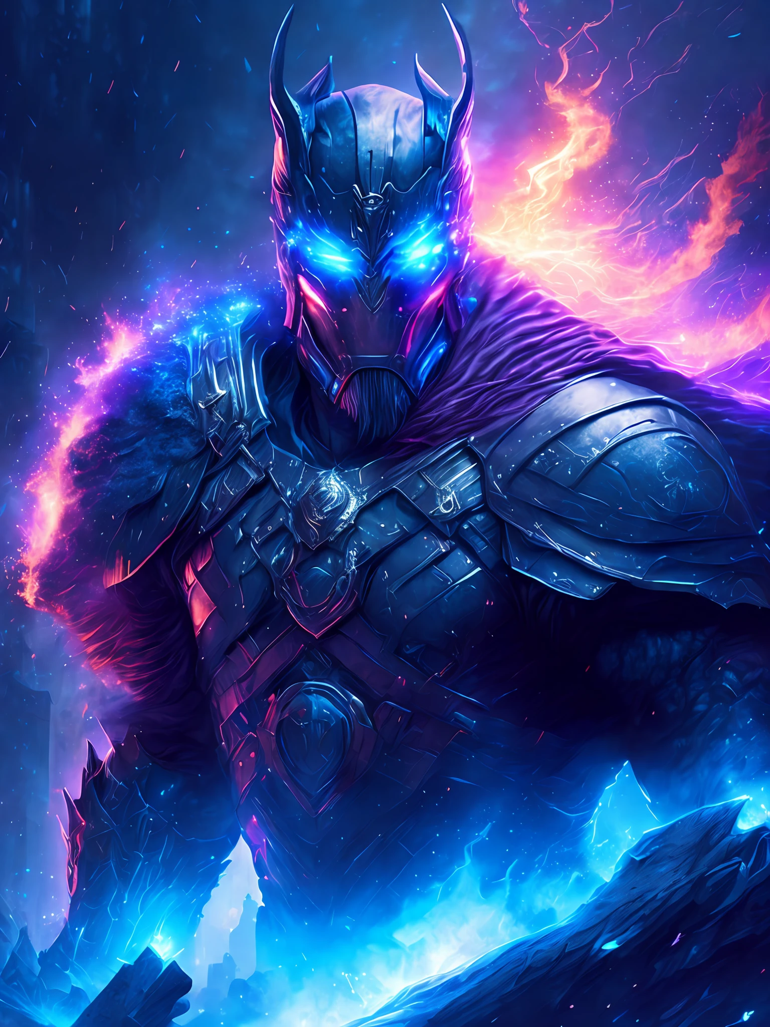 gloomy portrait of Thor Horseman of the Apocalypse from Marvel, extremely detailed, futuristic cityscape, nighttime, glowing neon lights, smoke, sparks, metal shavings, flying debris, blue energy effects, volumetric light