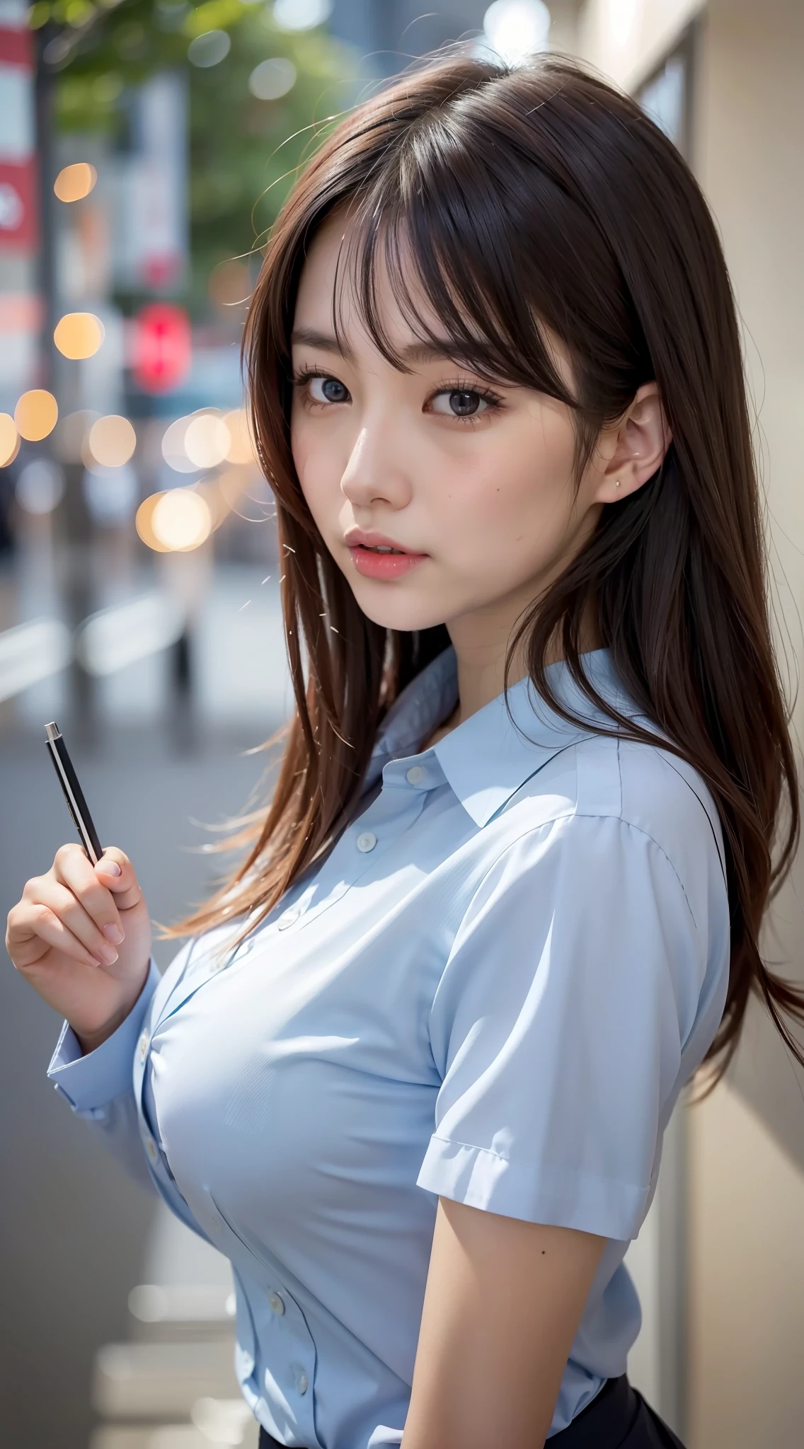 Japan girl, girl in her twenties, just right breasts, perfect breasts, perfect skin, slightly wet hair, perfect, dark hair, brown eyes, office lady, office casual, light blue shirt, rain, gloss, luminous, city, see here