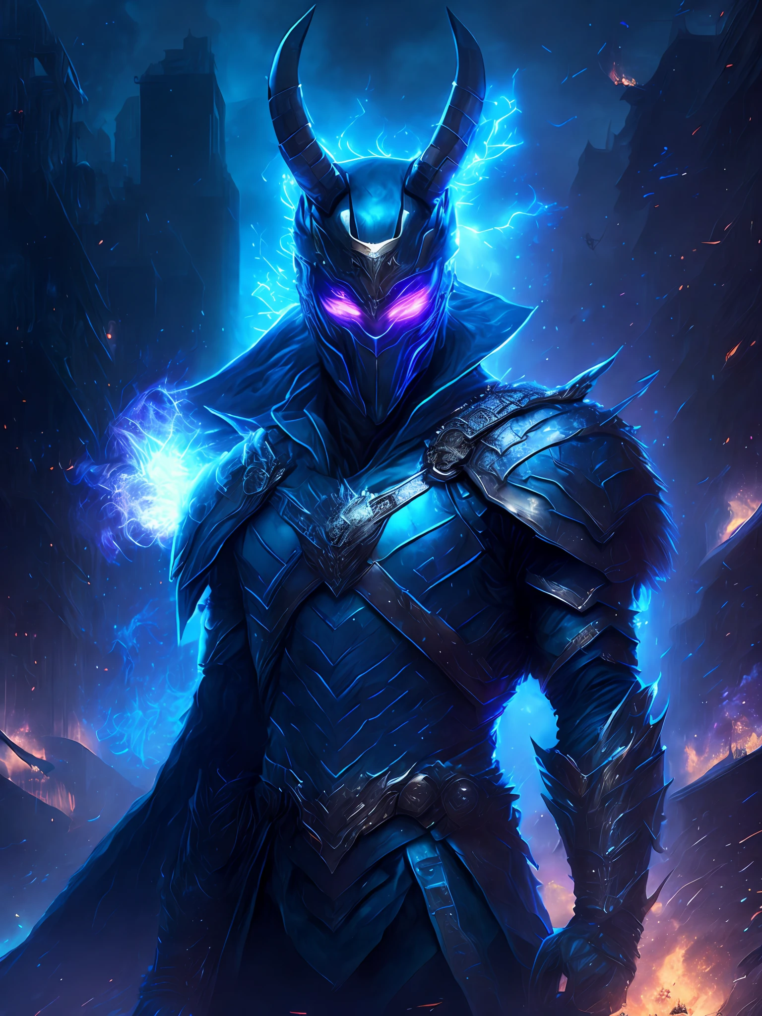 gloomy portrait of Loki Horseman of the Apocalypse from Marvel, extremely detailed, futuristic cityscape, nighttime, glowing neon lights, smoke, sparks, metal shavings, flying debris, blue energy effects, volumetric light