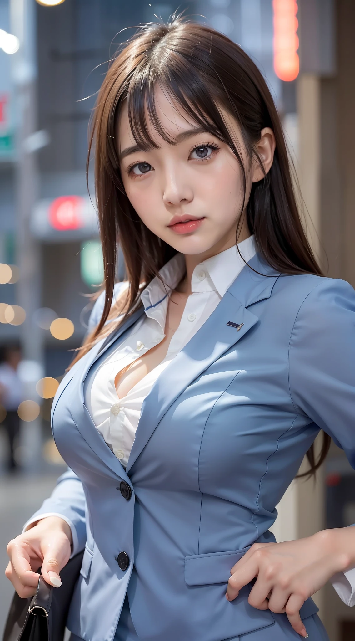 Japan girl, girl in her twenties, just right breasts, perfect breasts, perfect skin, slightly wet hair, perfect, dark hair, brown eyes, office lady, navy suit top and bottom, light blue shirt, rain, shiny, luminous, city, see here