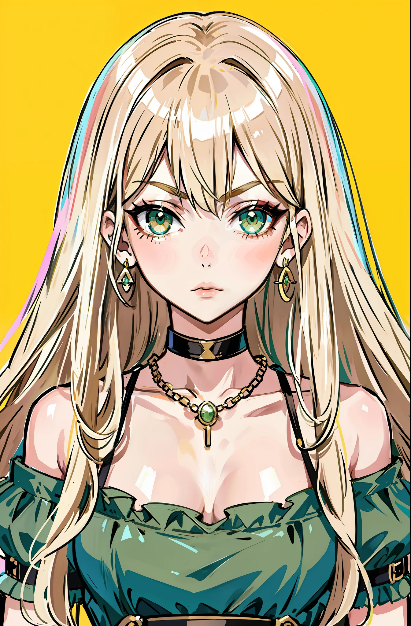 1girl, thin outlines, jewelry, earrings,, solo, long hair, blonde beige hair, messy hair, long hair bangs, green beautiful eyes, beautiful detailed eyes, looking at viewer, expressionless, closed mouth, necklace, choker, portrait, bangs, upper body,bad-girl, small breasts ,