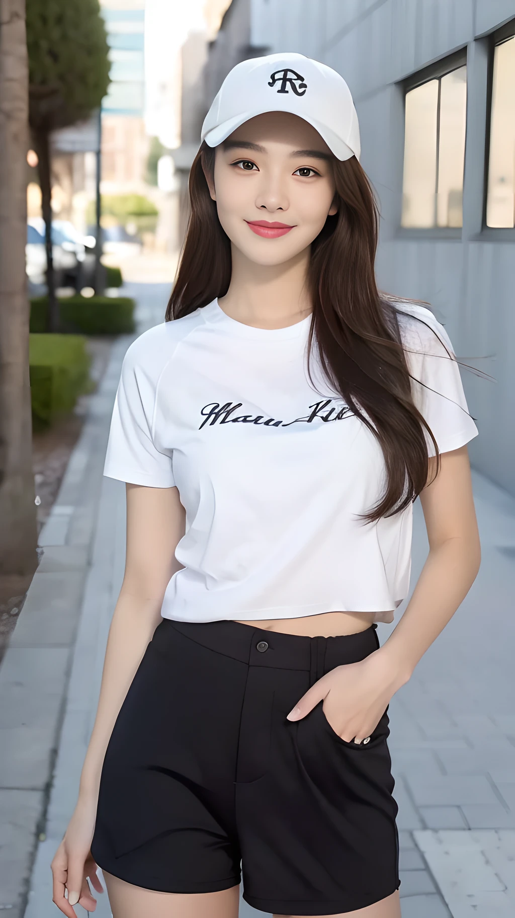 ((Best Quality, 8K, Masterpiece: 1.3)), (Baseball Cap: 1.3), Focus: 1.2, Perfect Body Beauty: 1.4, Buttocks: 1.2, (Layered Haircut: 1.2), (Dark Street: 1.3), Highly Detailed Face and Skin Texture, Full Body, Fine Eyes, Double Eyelids, Whitened Skin, Long Hair, (Round Face: 1.5), (Short Sleeves, Shorts: 1.6). smile