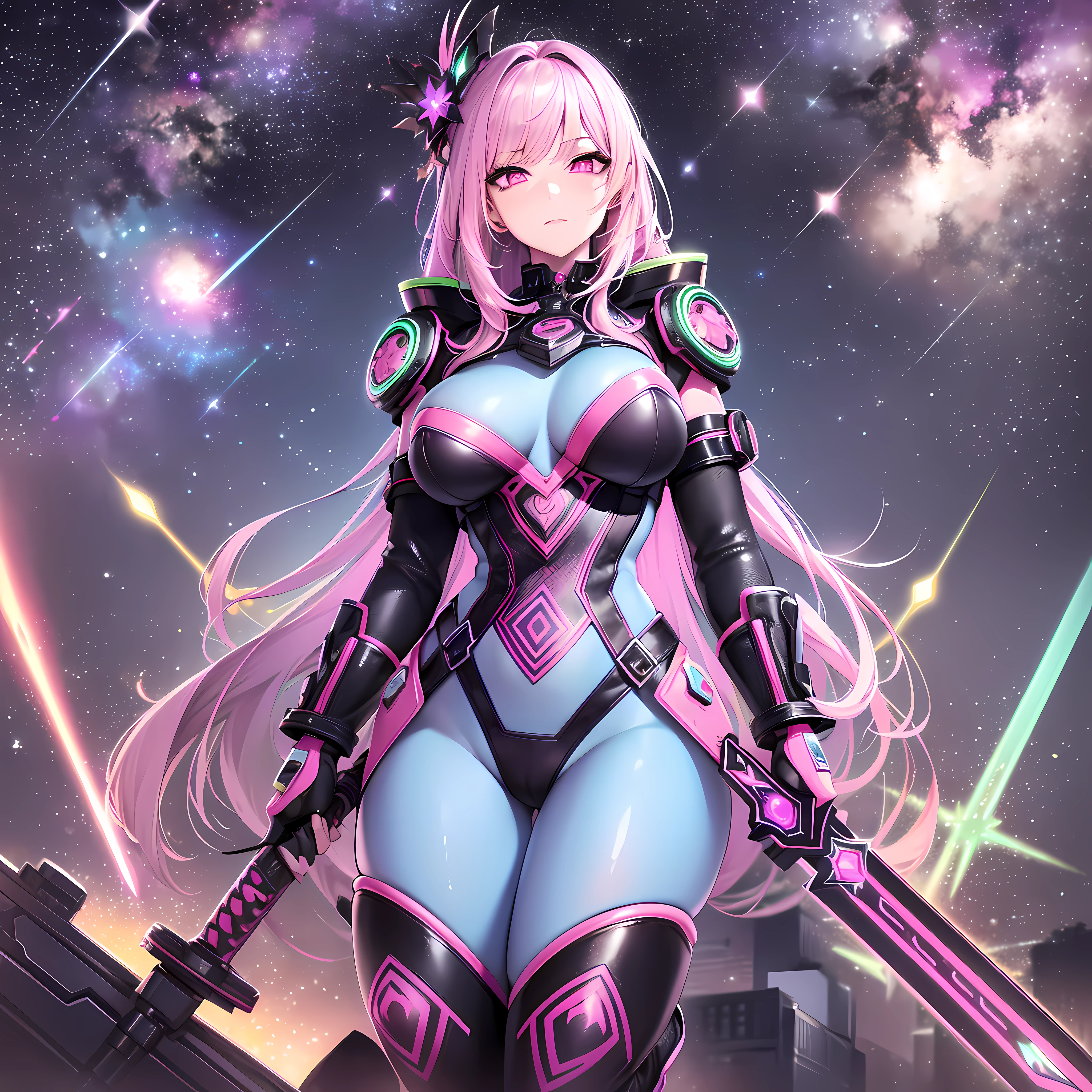 (ultra detailed background, detailed background), absurd, highres, ultra detailed, extremely detailed, 1girl, (nsfw: 1.5), (zentangle: 1.2), (geometric: 1.2), (colorful), (1girl), (sexy girl), alone, (((detailed face and eyes))),((pink eyes)),((long straight loose hair)),((light purple hair)),galactic girl, galaxy, planets, starry sky, space, stars, ((technology boots)),((fluorescent clothing, neon color)),((red sword)), 8k, high quality,  full HD, busty, curvaceous