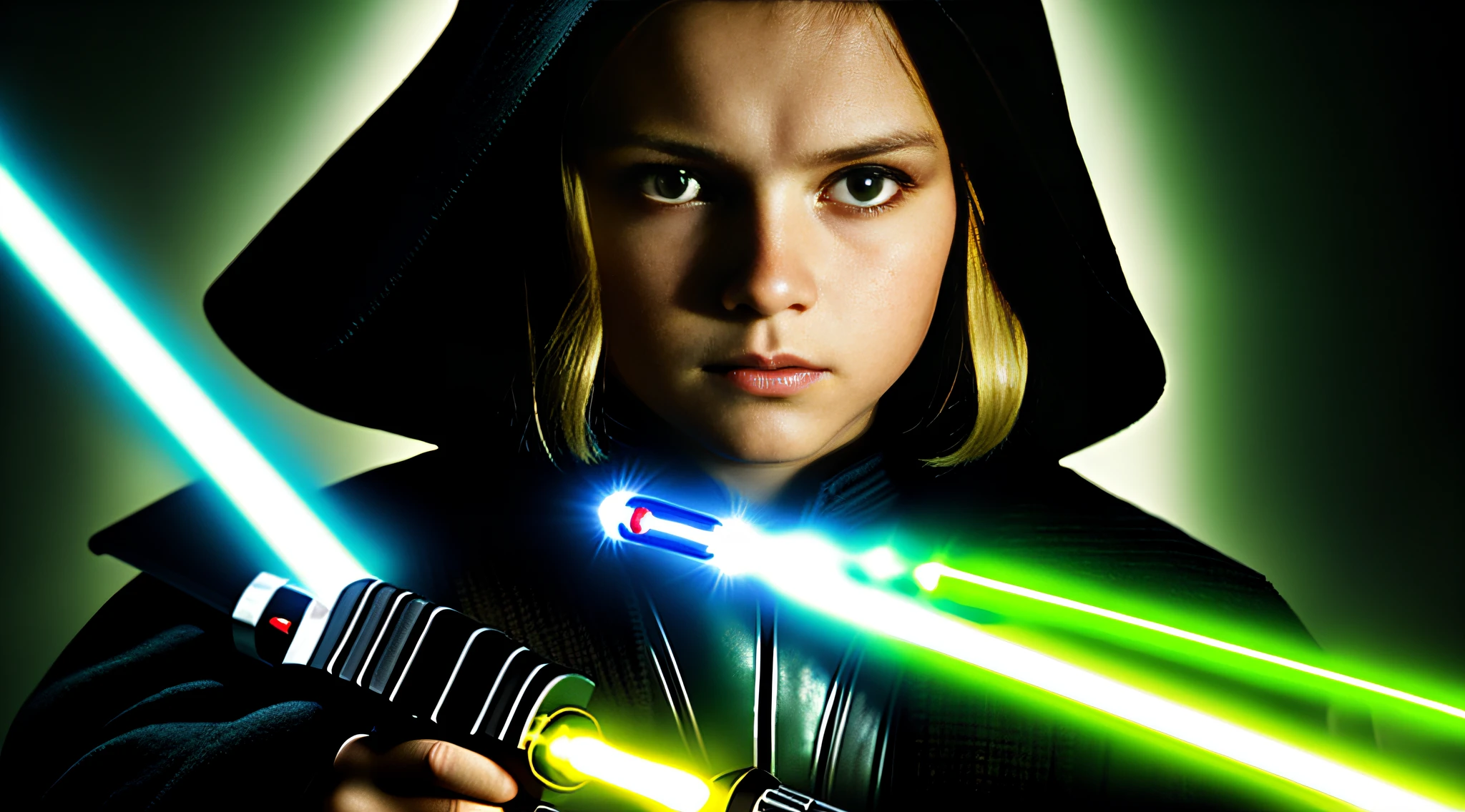 RUSSIAN CHILD GIRL WITH 10 YEARS OLD WITH LONG STRAIGHT HAIR BLONDE, PORTRAIT STYLE, CLOSEUP, IN A DARK ROOM WITH A GREEN LIGHTSABER, 4K lightsaber wallpaper, Sith Lord. dramatic lighting, holding 4k lightsaber, green lightsaber, jedi with lightsaber, hd star wars photo, with lightsaber sword, with lightsaber, without lightsaber, cal kestis lightsaber wallpaper, star wars character, lord sith