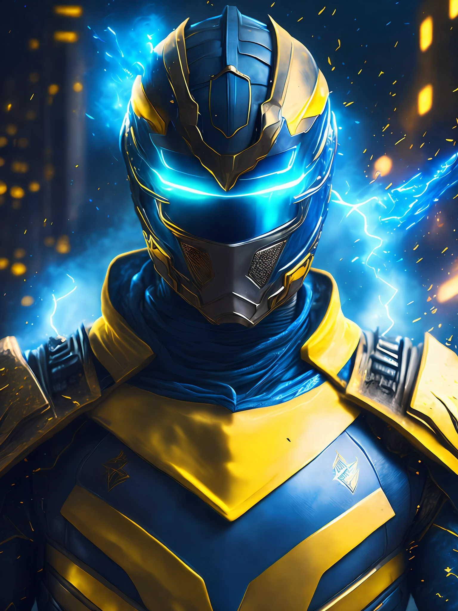 gloomy portrait of Yellow Ranger from Power Rangers, extremely detailed, futuristic cityscape, nighttime, glowing neon lights, smoke, sparks, metal shavings, flying debris, blue energy effects, volumetric light
