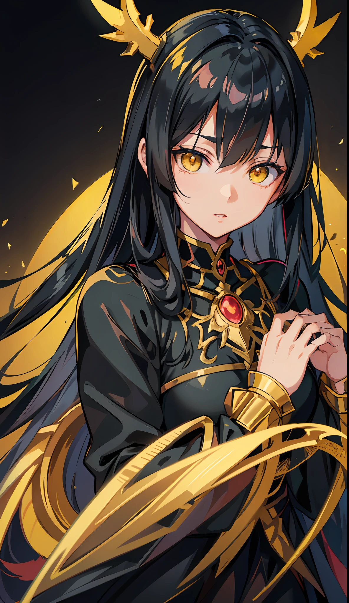 anime image of a woman with long black hair and yellow eyes, vanitas, yellow anime pupils in her eyes, close up of a young anime gir, cel shaded anime, with glowing yellow eyes, close up, anime still image, anime still, extremely detailed eyes, parted lips, wallpaper, hands out of frame, arms out of frame, half body, portrait