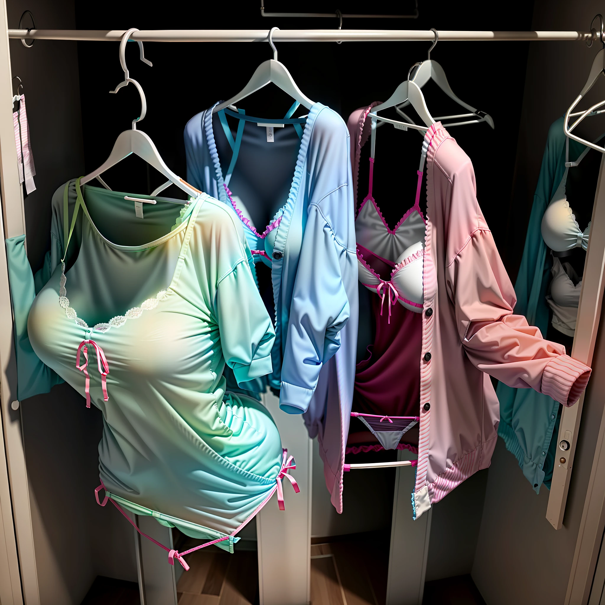 hanger panties in closet raise their sleeves as if invisible girl wear it, panties swells as if possessed by invisible girls, panties have huge breasts and cleavage, (((no humans))), (headless), faceless, invisible girls, (hanger), (from behind)