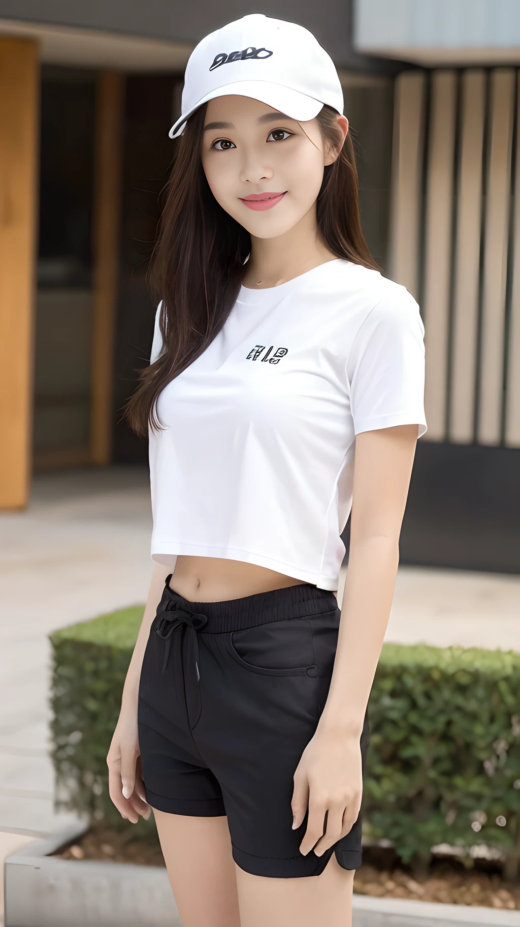 ((Best Quality, 8K, Masterpiece: 1.3)), (Baseball Cap: 1.3), Focus: 1.2, Perfect Body Beauty: 1.4, Buttocks: 1.2, (Layered Haircut: 1.2), (Dark Street: 1.3), Highly Detailed Face and Skin Texture, Full Body, Fine Eyes, Double Eyelids, Whitened Skin, Long Hair, (Round Face: 1.5), (Short Sleeves, Shorts: 1.6). smile