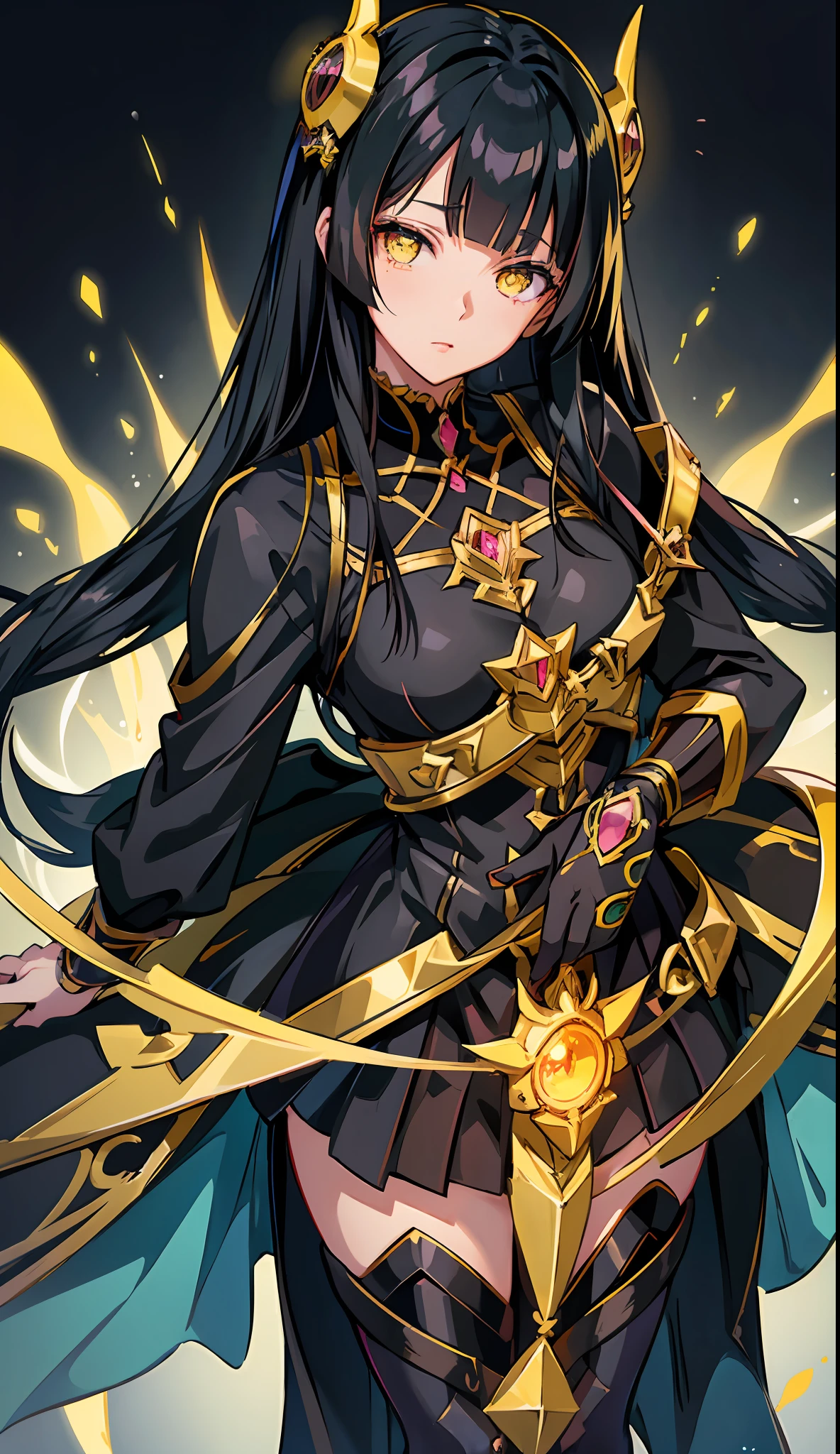 anime image of a woman with long black hair and yellow eyes, vanitas, black anime pupils in her eyes, close up of a young anime gir, cel shaded anime, with glowing yellow eyes, close up, anime still image, anime still, extremely detailed eyes, parted lips, full body, wallpaper