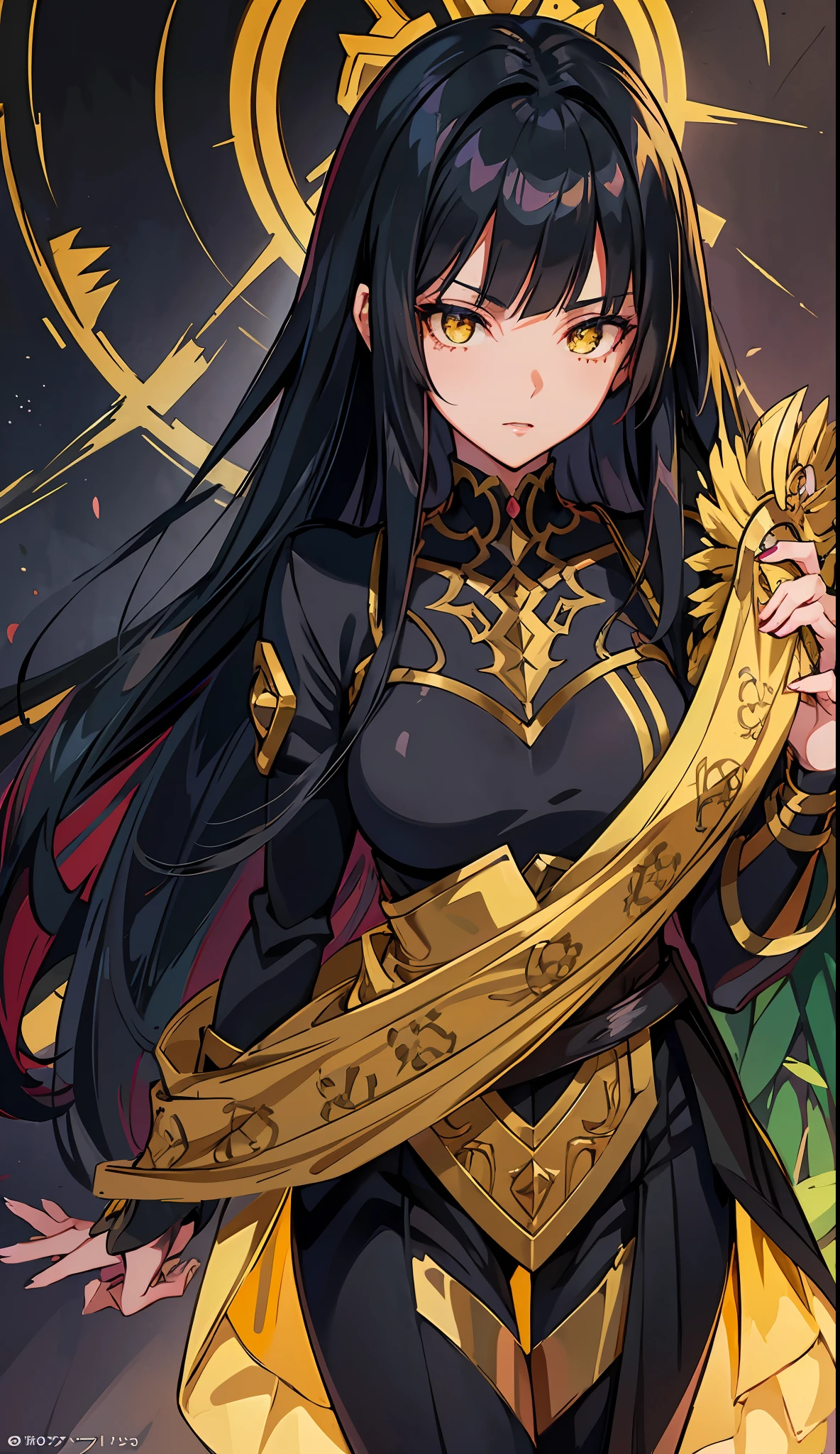 anime image of a woman with long black hair and yellow eyes, vanitas, black anime pupils in her eyes, close up of a young anime gir, cel shaded anime, with glowing yellow eyes, close up, anime still image, anime still, extremely detailed eyes, parted lips, full body, wallpaper