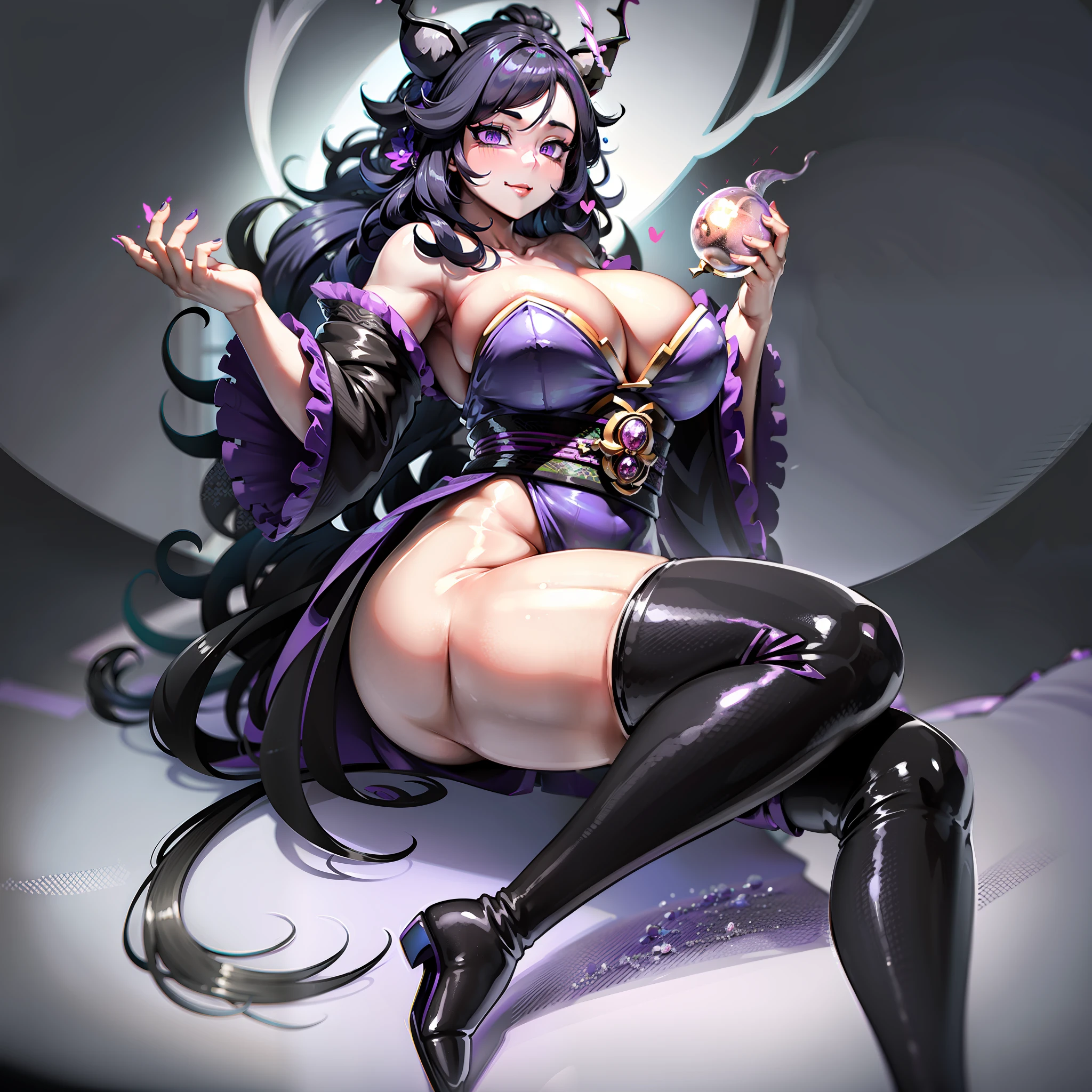 wide hips, evil smile, chubby, tall woman, very large breasts, tall, large, a long black hair, a black kimono with a blue circle made of stars to the left of the chest, two purple eyes with cat pupils that glow in the darkness, a metallic scorpion tail with a large stinger at the end, long black shorts that go up to the knee,   light purple high boots and two black deer antlers on the head