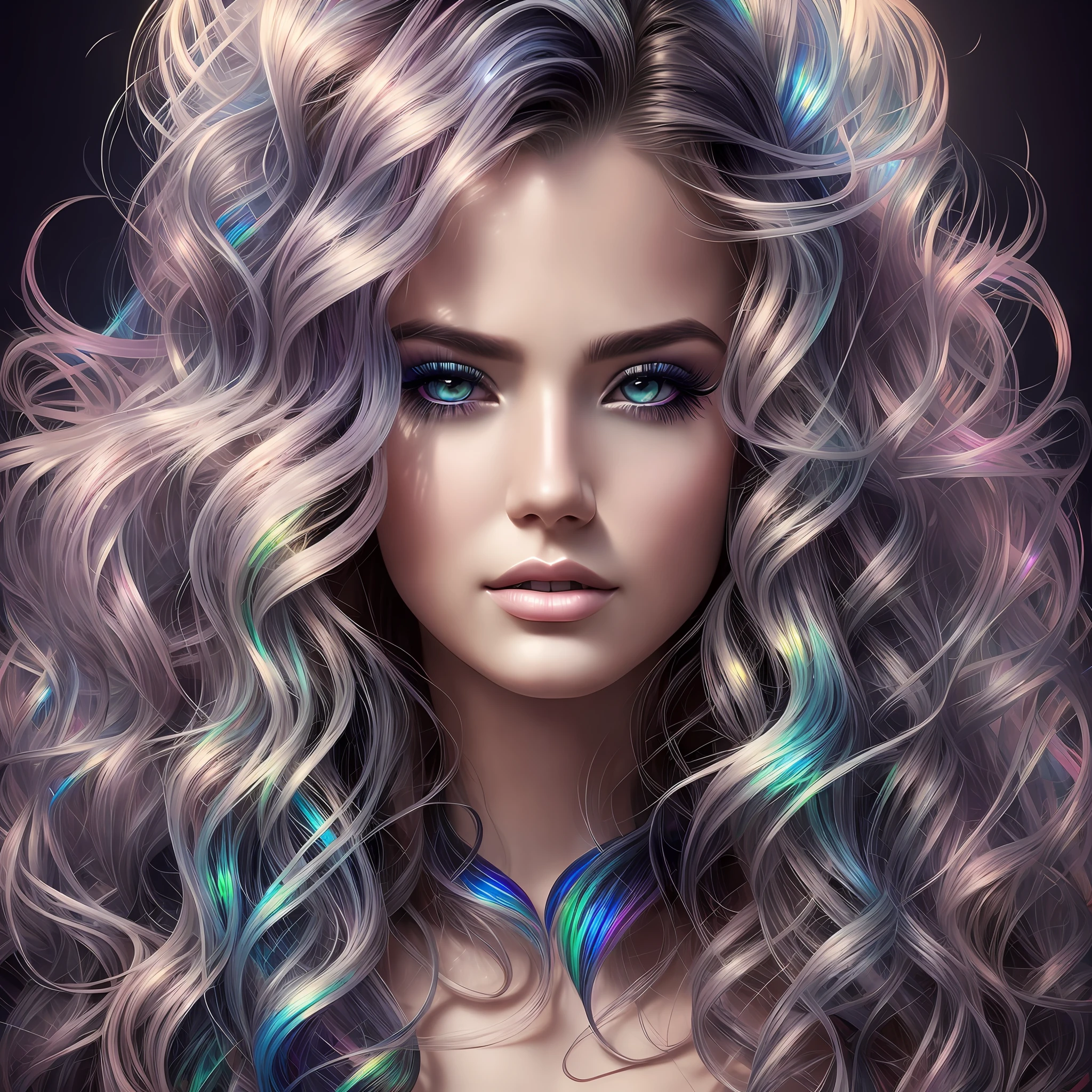 Noir painting of a beautiful woman with big, wild wavy rainbow hair; hyper-realistic long lashes, hyper-detailed fantasy art; elegant, intricate, detailed, symmetrical, ethereal, iridescent, 16k face, by Artgerm, WLOP" --auto --s2