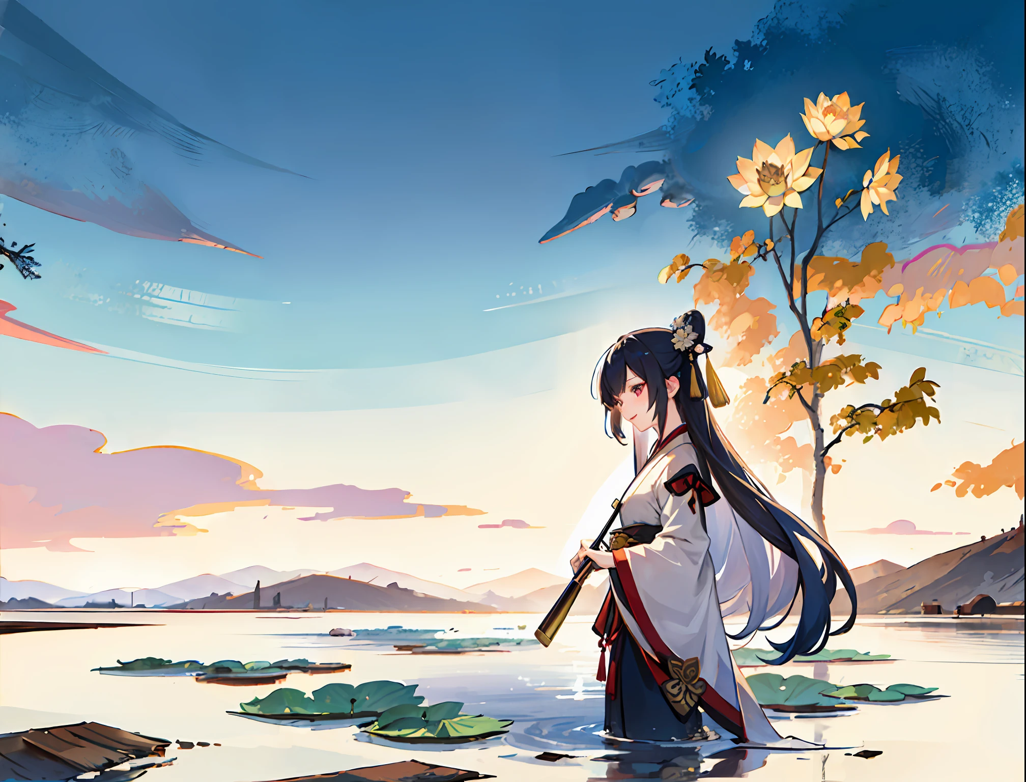 ((4k,masterpiece,best quality)), shuimobysim, traditional chinese ink painting, lotus, hanfu, maxiskit, dress conservatively 1girl, solo, long blue hair, smile, standing, feet in the water, barefoot,