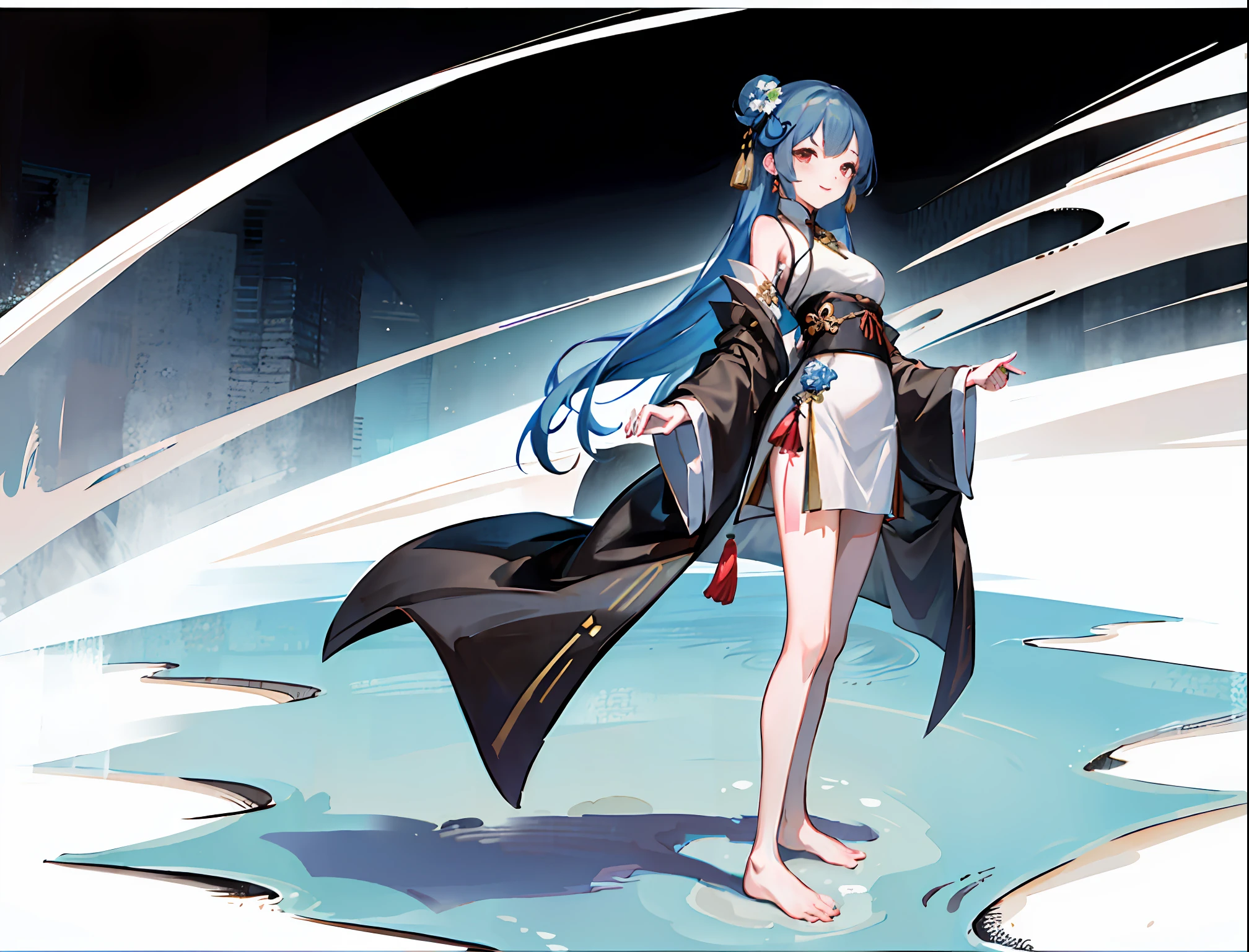 ((4k,masterpiece,best quality)), shuimobysim, traditional chinese ink painting, lotus, hanfu, maxiskit, dress conservatively 1girl, solo, long blue hair, smile, standing, feet in the water, barefoot,