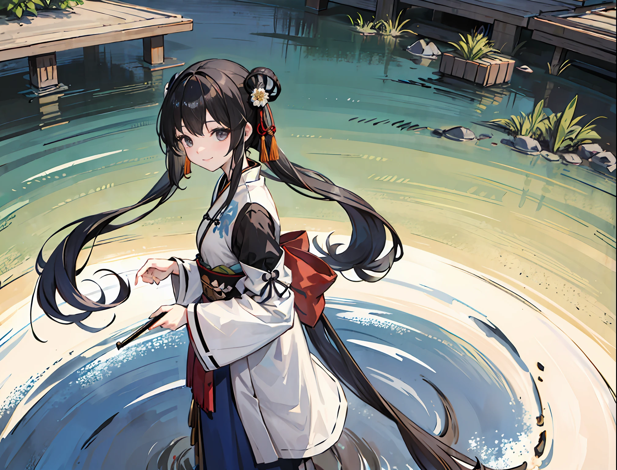 ((4k,masterpiece,best quality)), shuimobysim, traditional chinese ink painting, lotus, hanfu, maxiskit, dress conservatively 1girl, solo, long blue hair, smile, standing, feet in the water, barefoot,